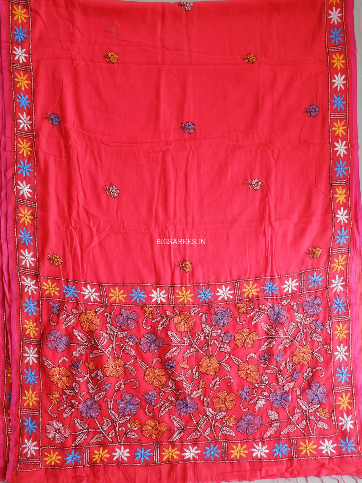 Kantha stitch Hand Embroidered Pure mul Cotton Saree