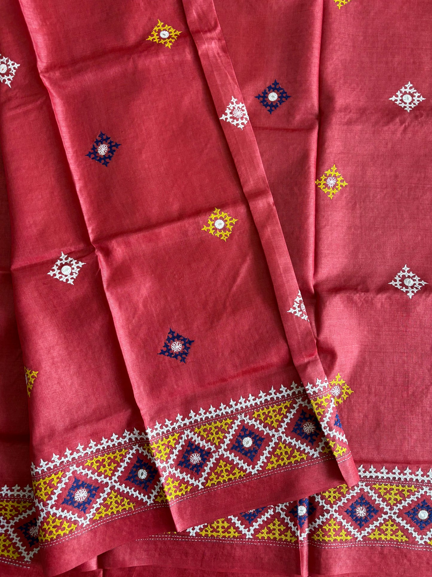 Kutchi Hand Embroidered Saree | Pure Tassar Silk | Silk Marked | Pinkish/Red