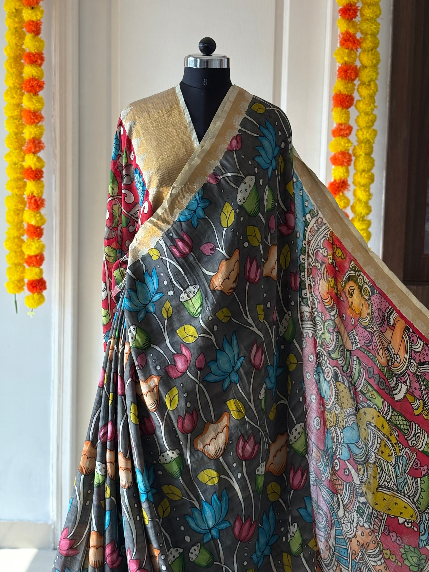 Pen Kalamkari hand painted Banglore Silk Saree with blouse