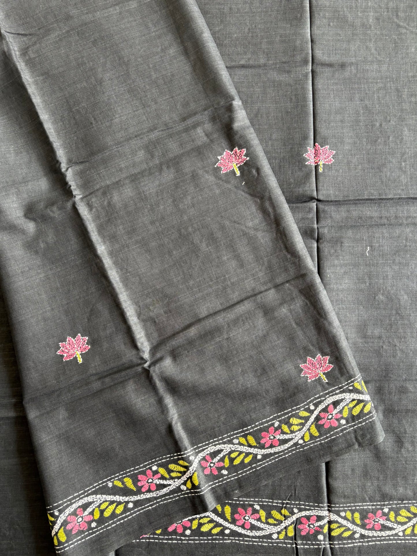 Kantha stitch Khadi Cotton Saree - Black