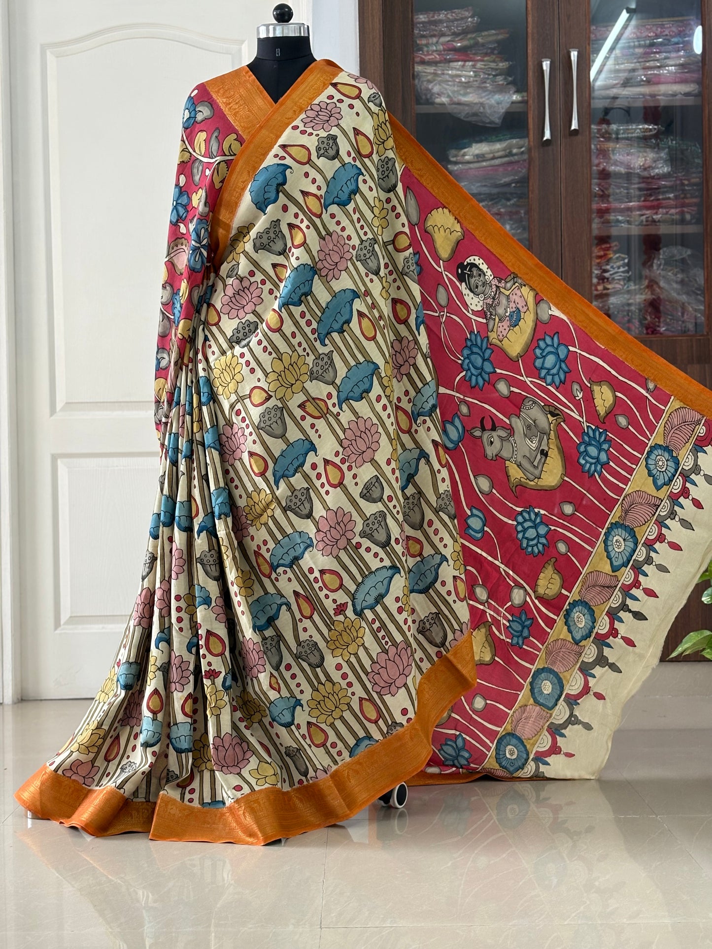 Pen Kalamkari hand painted Banglore Silk Saree with blouse