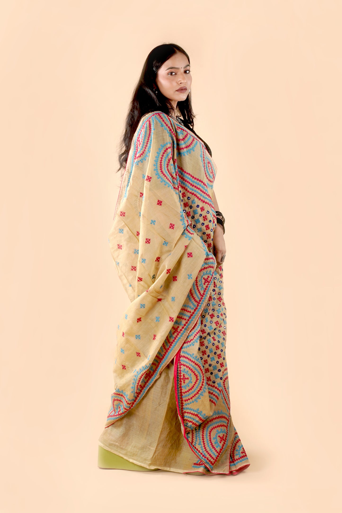 Beige Kutch Hand Embroidered Semi Tusshar Silk Saree