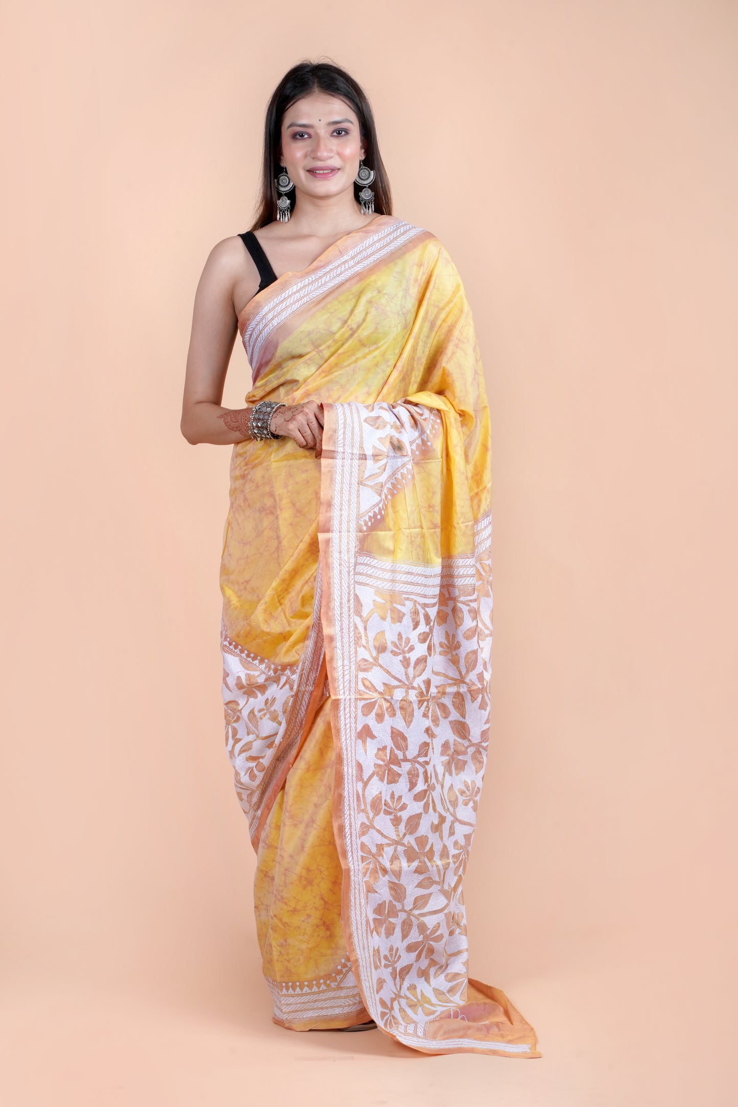 Reverse Kantha Hand Embroidered Hand Batik Art Silk Saree With Blouse