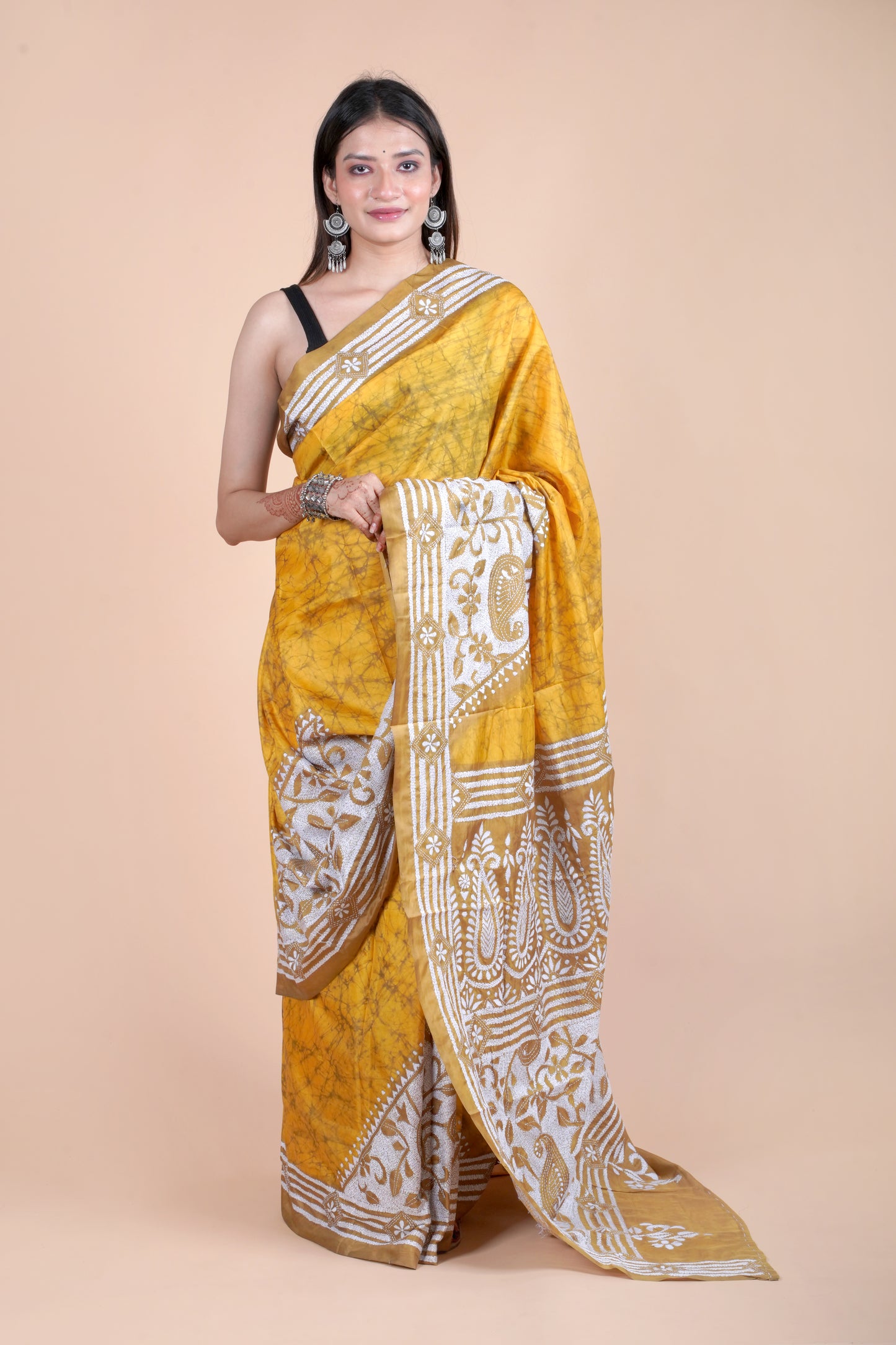 Reverse Kantha Hand Embroidered Hand Batik Art Silk Saree With Blouse