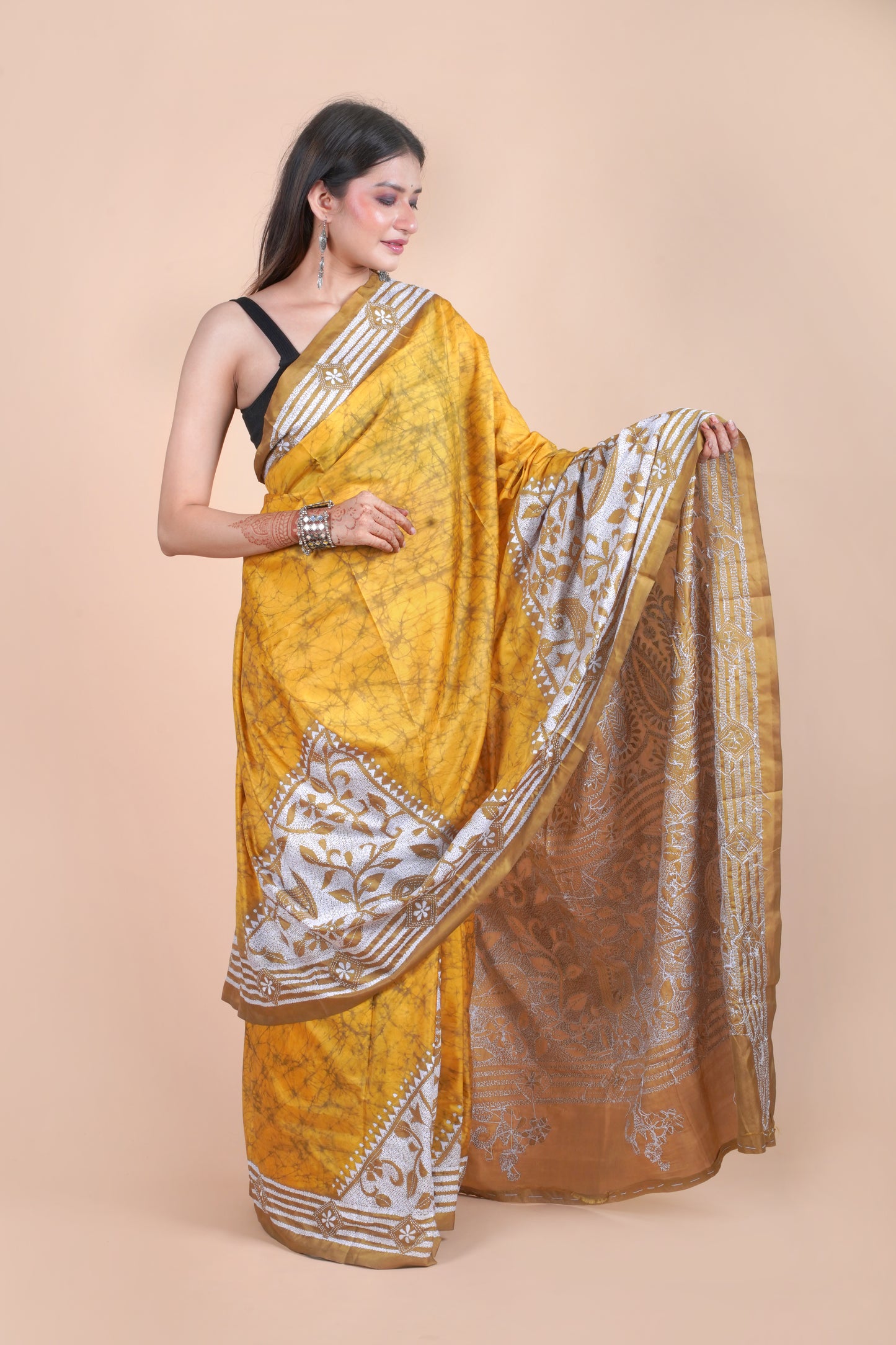 Reverse Kantha Hand Embroidered Hand Batik Art Silk Saree With Blouse