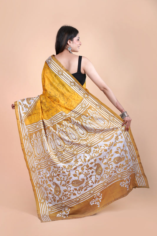 Reverse Kantha Hand Embroidered Hand Batik Art Silk Saree With Blouse