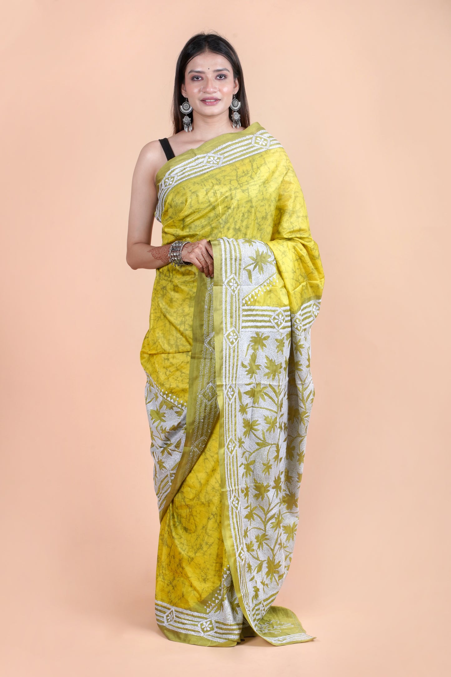 Reverse Kantha Hand Embroidered Hand Batik Art Silk Saree With Blouse