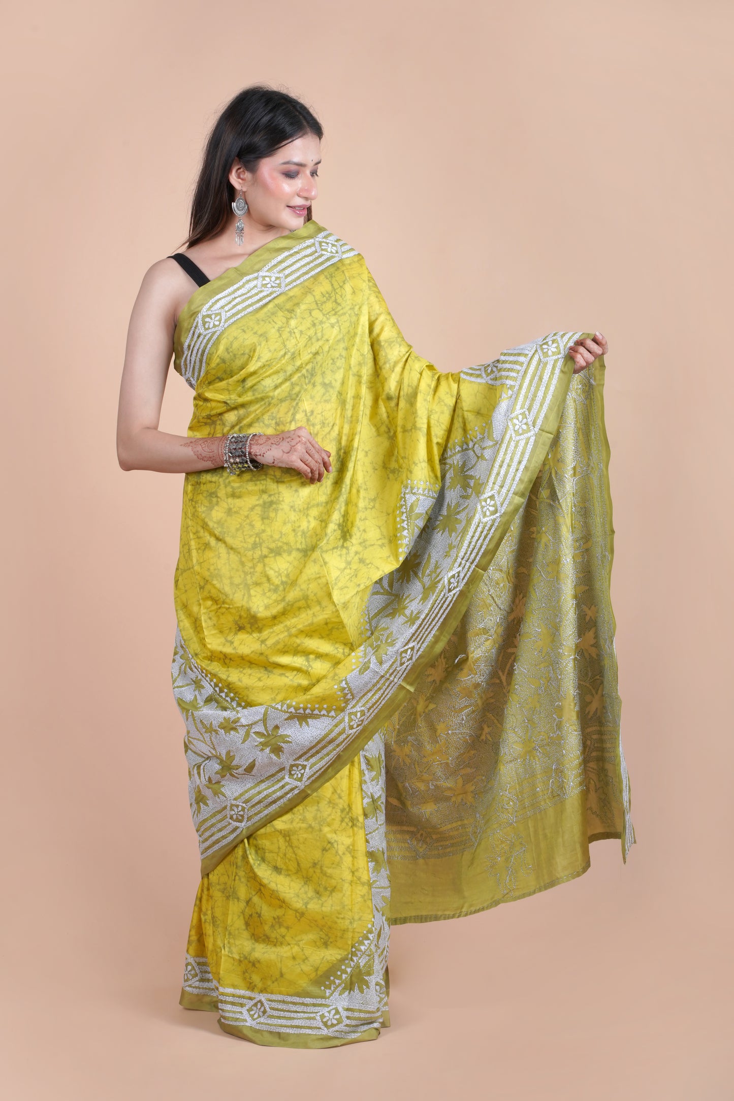 Reverse Kantha Hand Embroidered Hand Batik Art Silk Saree With Blouse