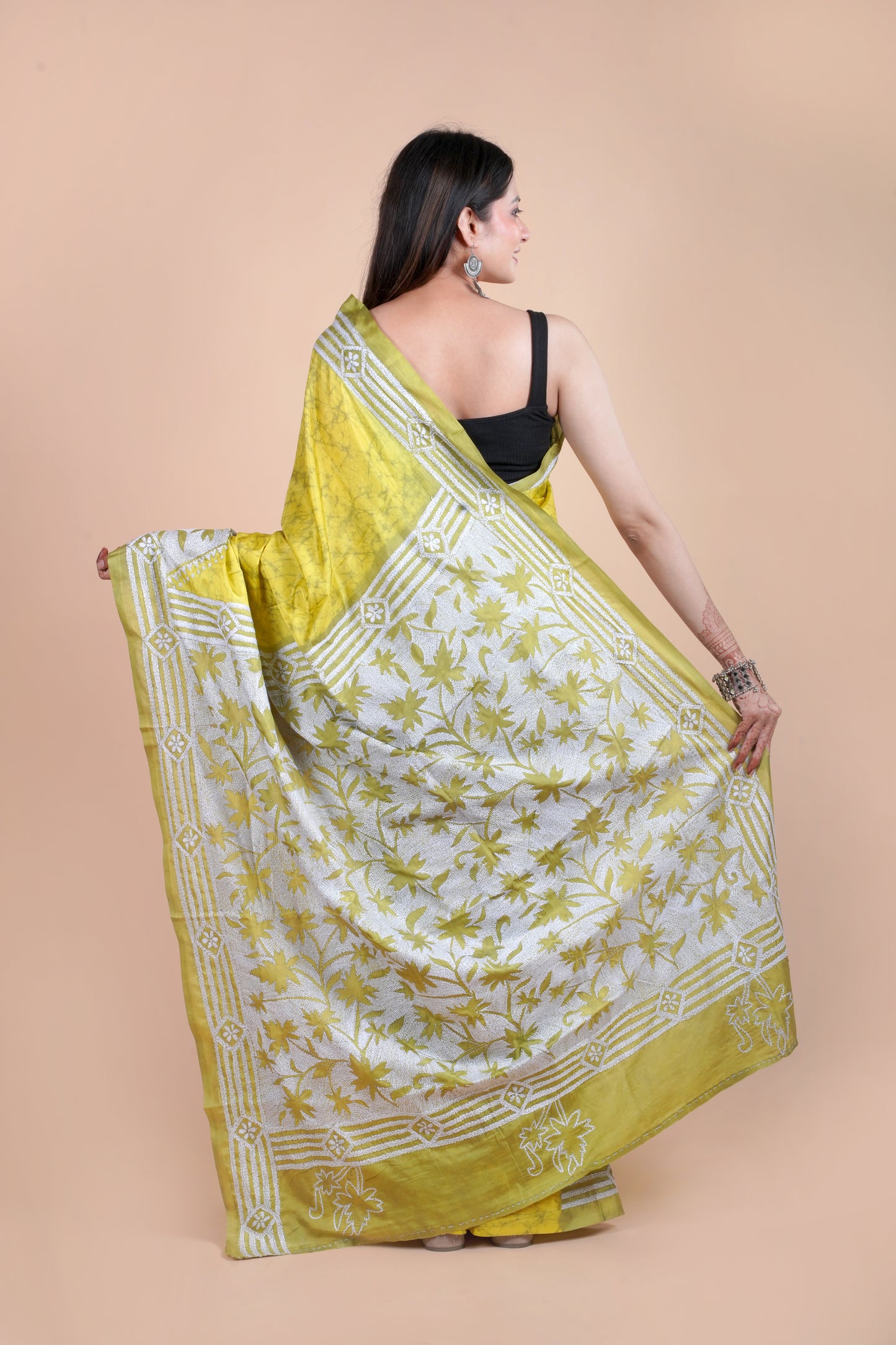 Reverse Kantha Hand Embroidered Hand Batik Art Silk Saree With Blouse