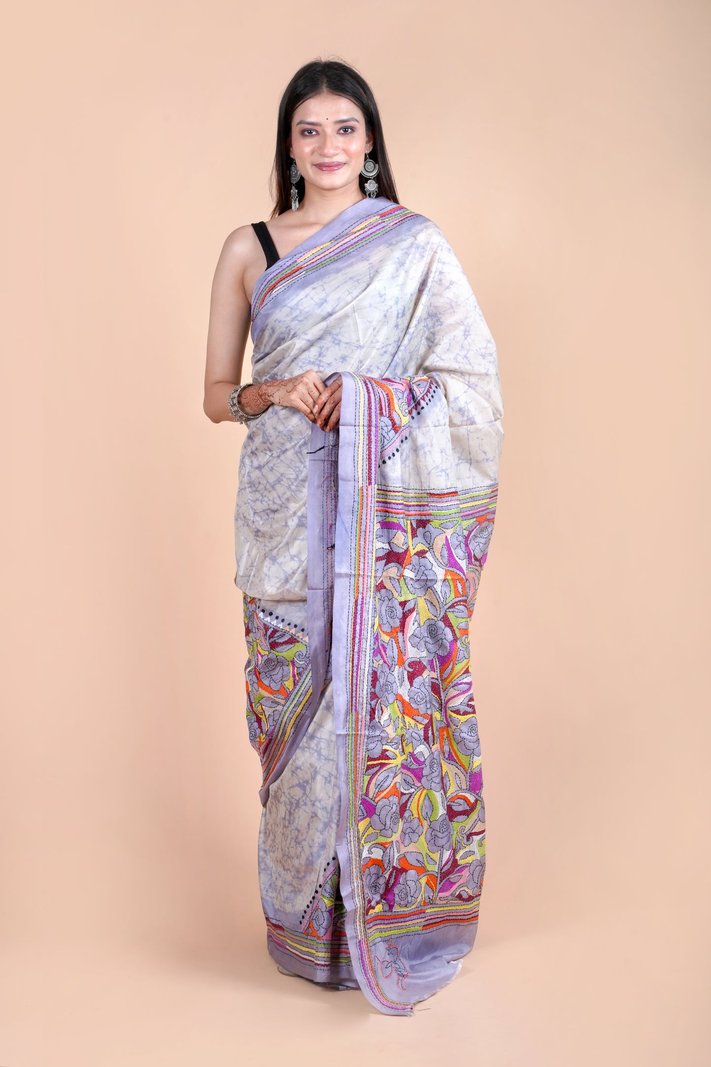 Reverse Kantha Hand Embroidered Hand Batik Art Silk Saree With Blouse