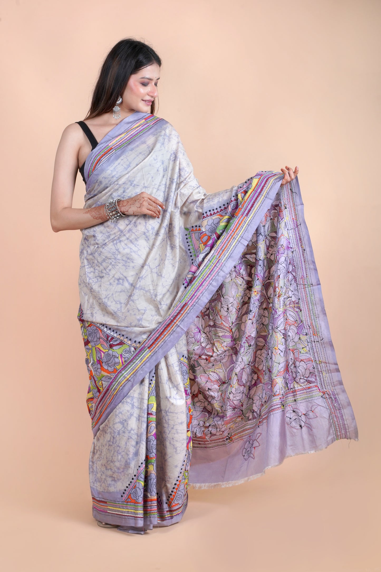 Reverse Kantha Hand Embroidered Hand Batik Art Silk Saree With Blouse