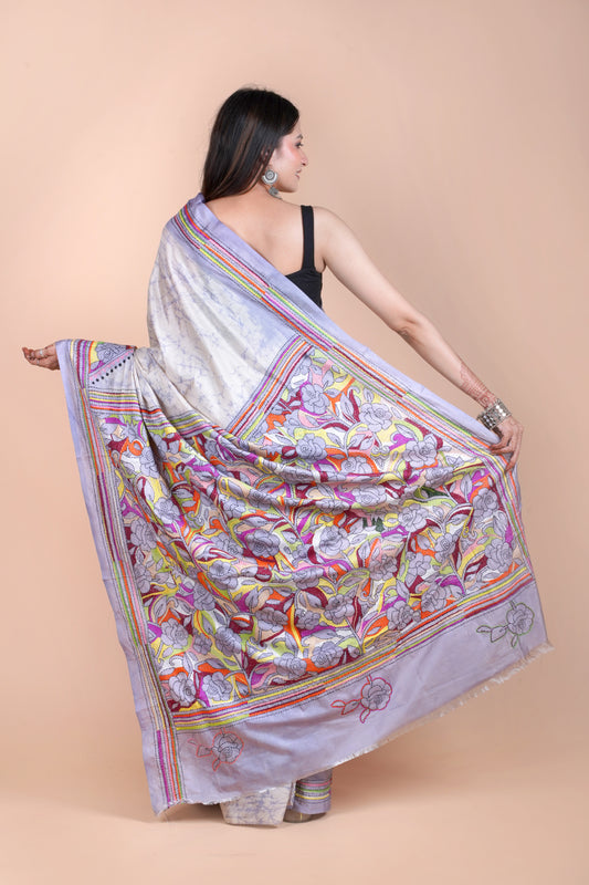 Reverse Kantha Hand Embroidered Hand Batik Art Silk Saree With Blouse