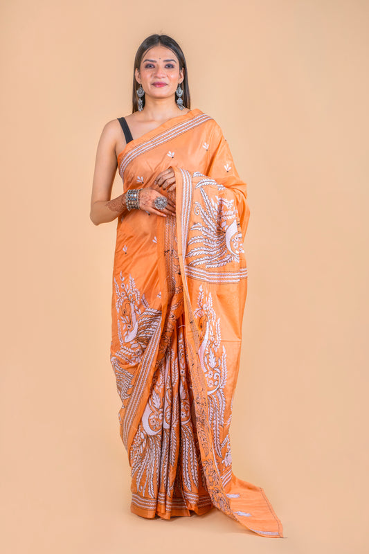 Peach Kantha Hand Embroidered Blended Banglore Silk/Art Silk Saree With Blouse