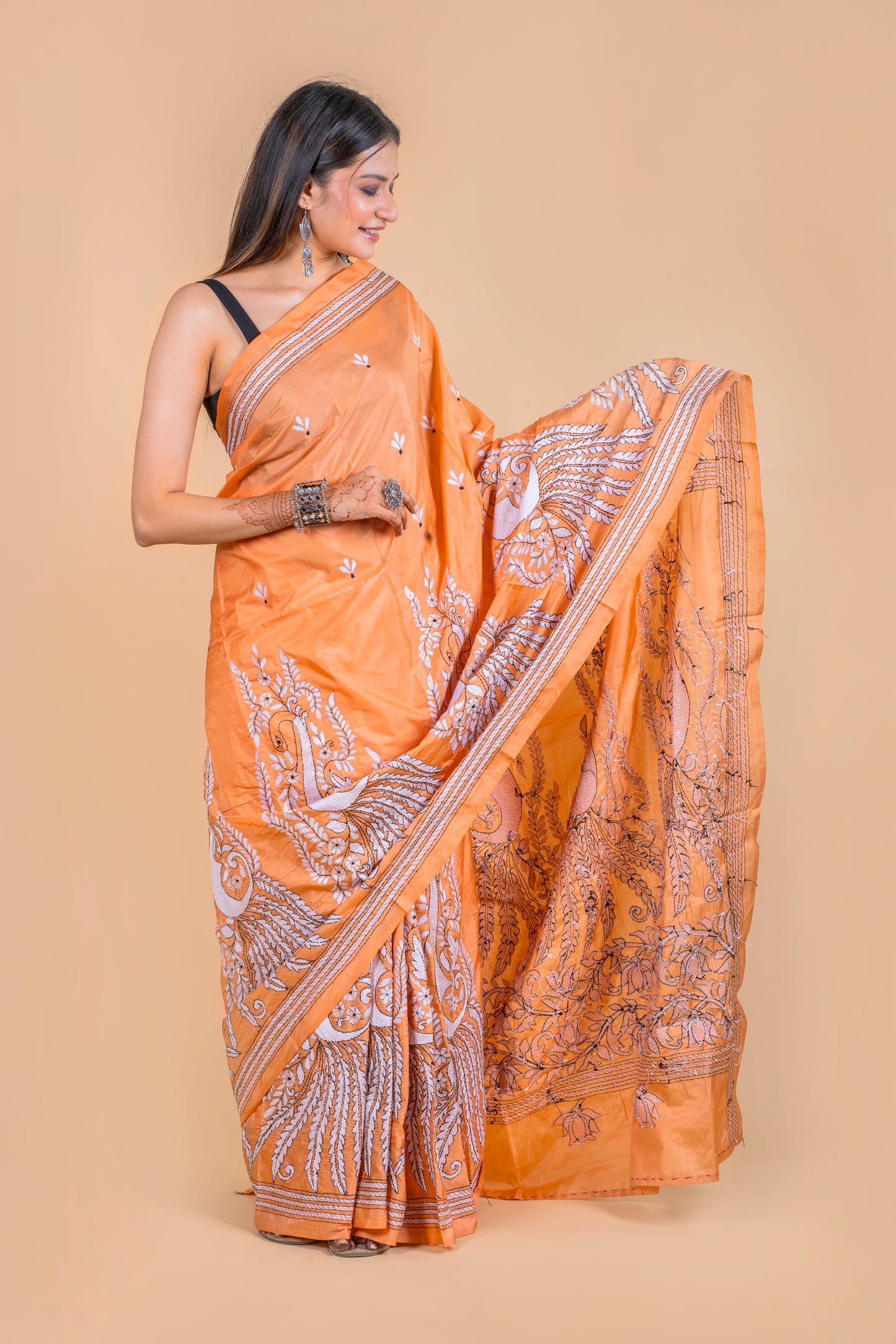 Peach Kantha Hand Embroidered Blended Banglore Silk/Art Silk Saree With Blouse