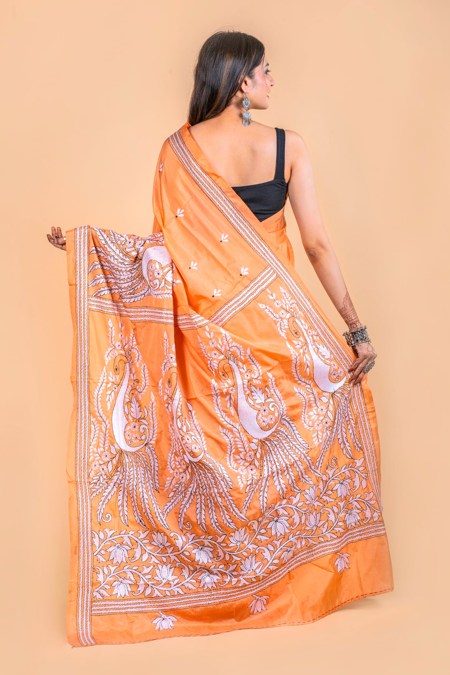 Peach Kantha Hand Embroidered Blended Banglore Silk/Art Silk Saree With Blouse