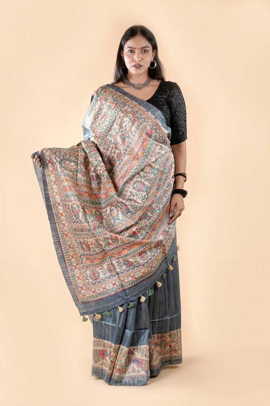 Grey Pure Tussar Ghicha Silk Handcrafted Madhubani Saree