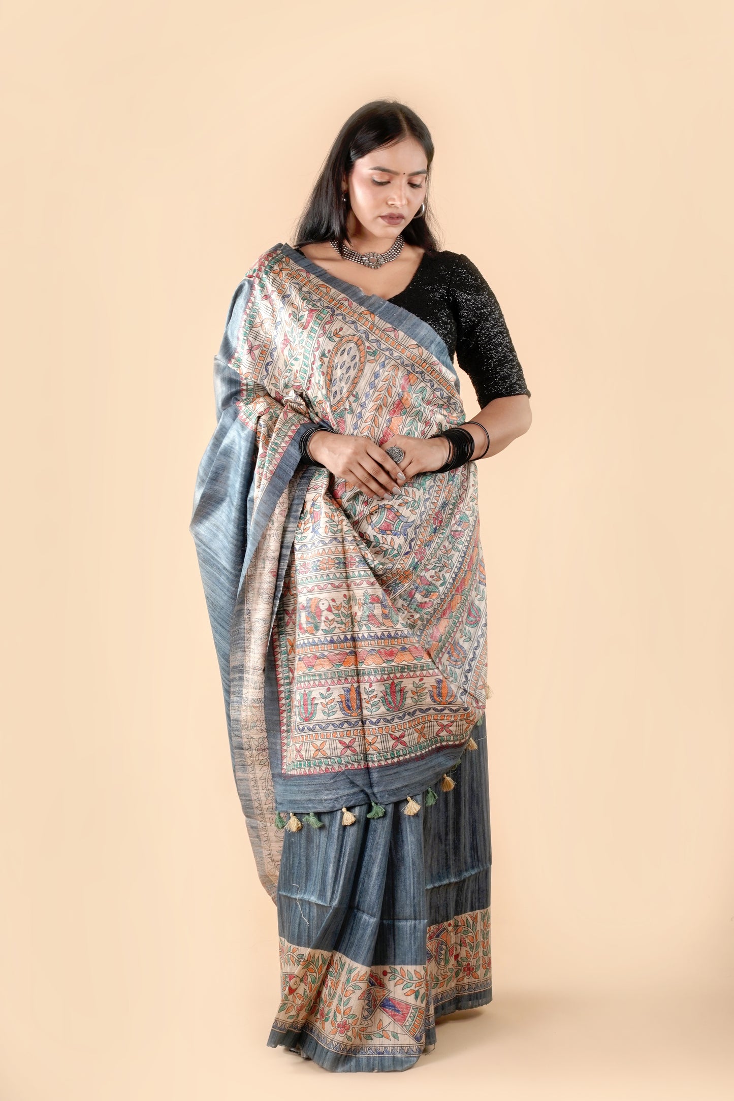 Grey Pure Tussar Ghicha Silk Handcrafted Madhubani Saree