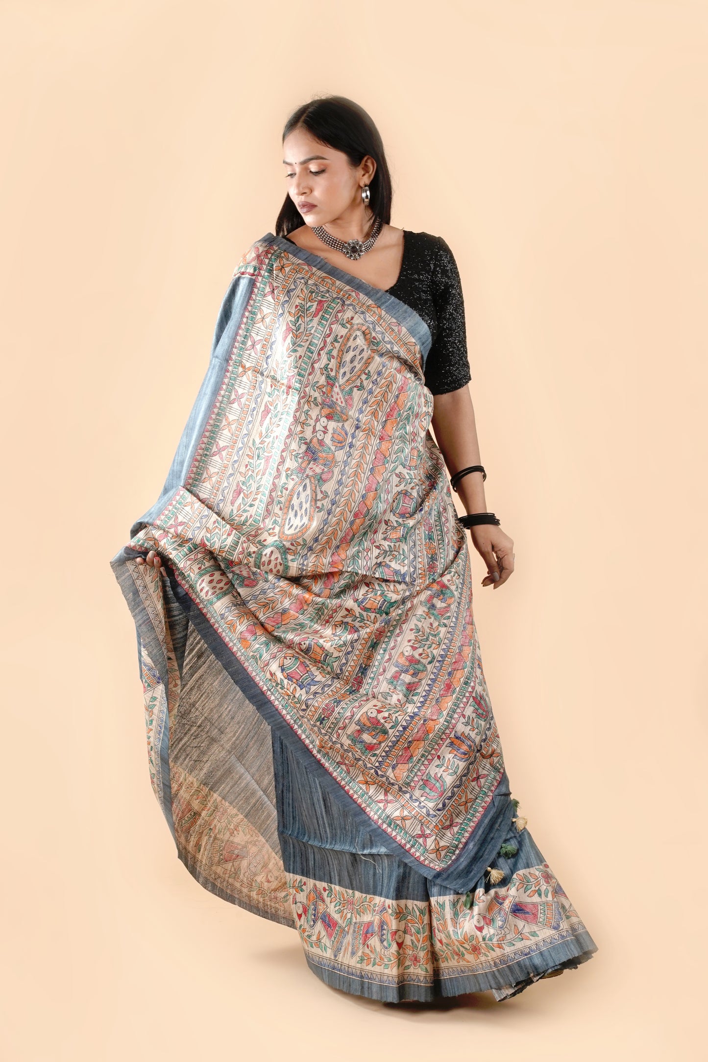 Grey Pure Tussar Ghicha Silk Handcrafted Madhubani Saree