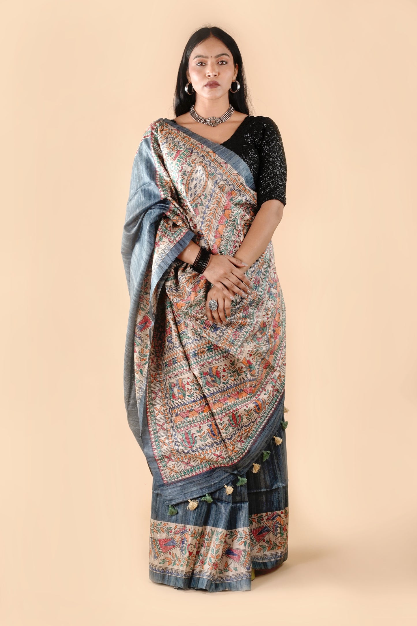 Grey Pure Tussar Ghicha Silk Handcrafted Madhubani Saree