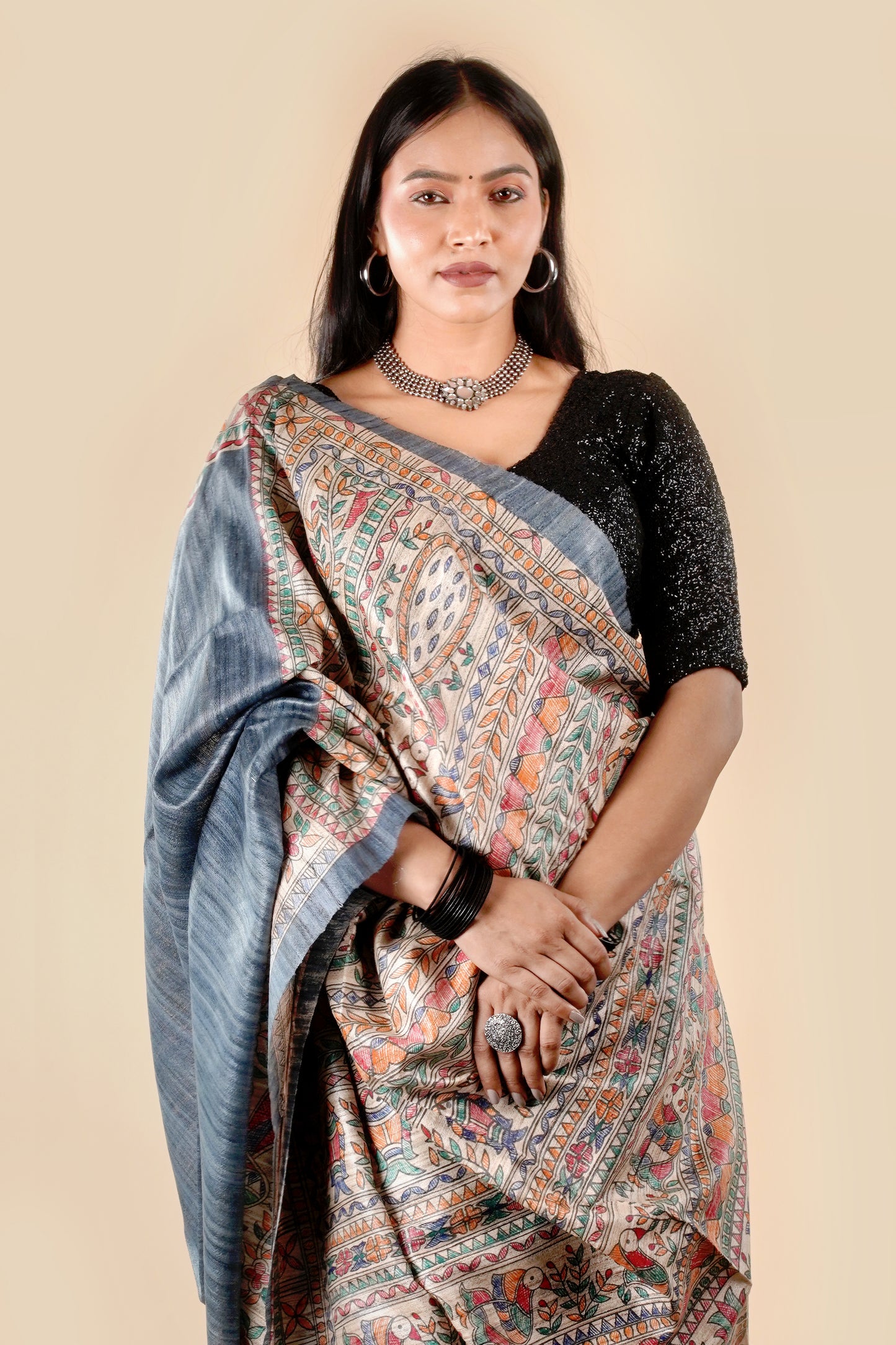 Grey Pure Tussar Ghicha Silk Handcrafted Madhubani Saree