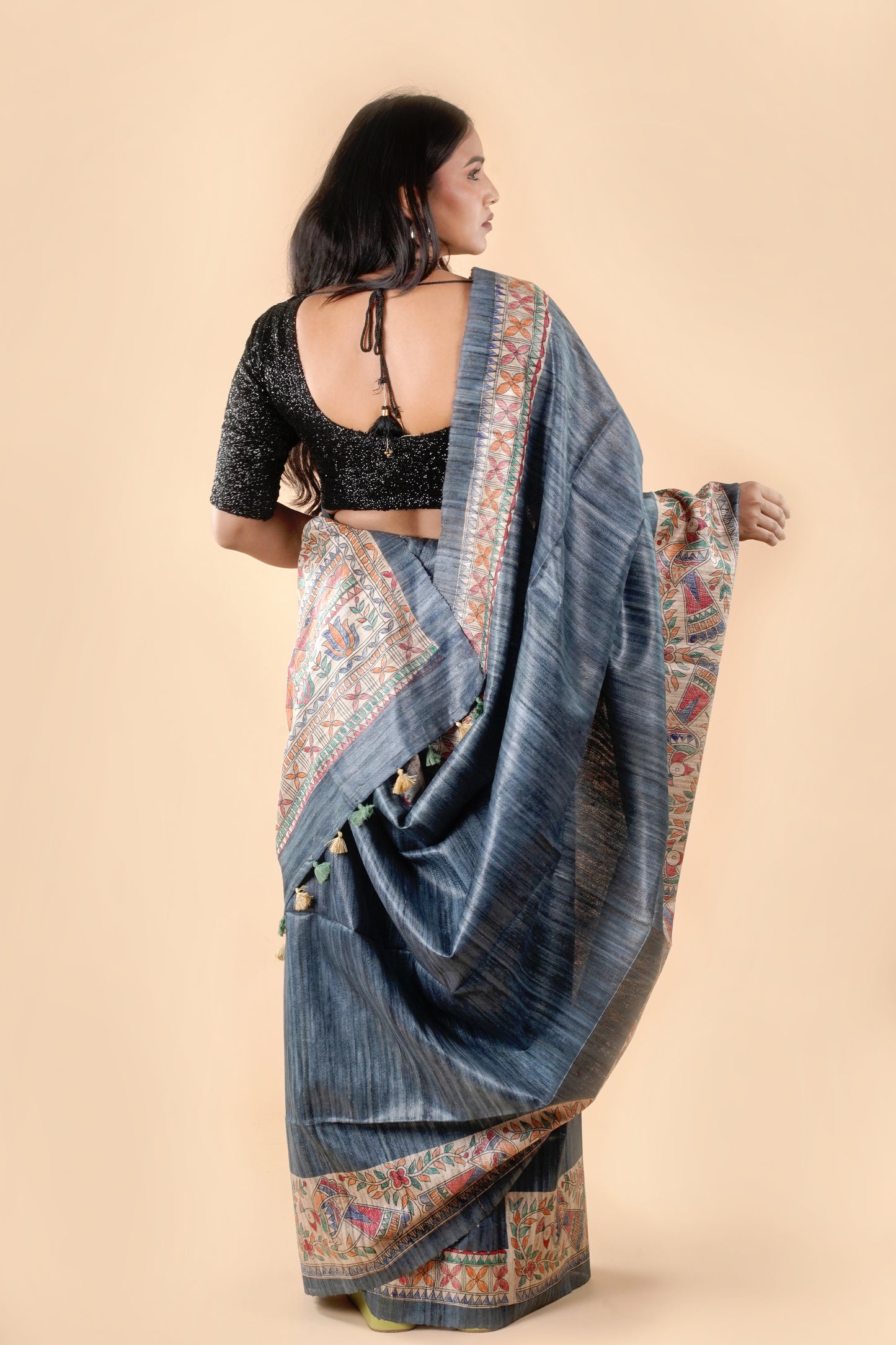 Grey Pure Tussar Ghicha Silk Handcrafted Madhubani Saree