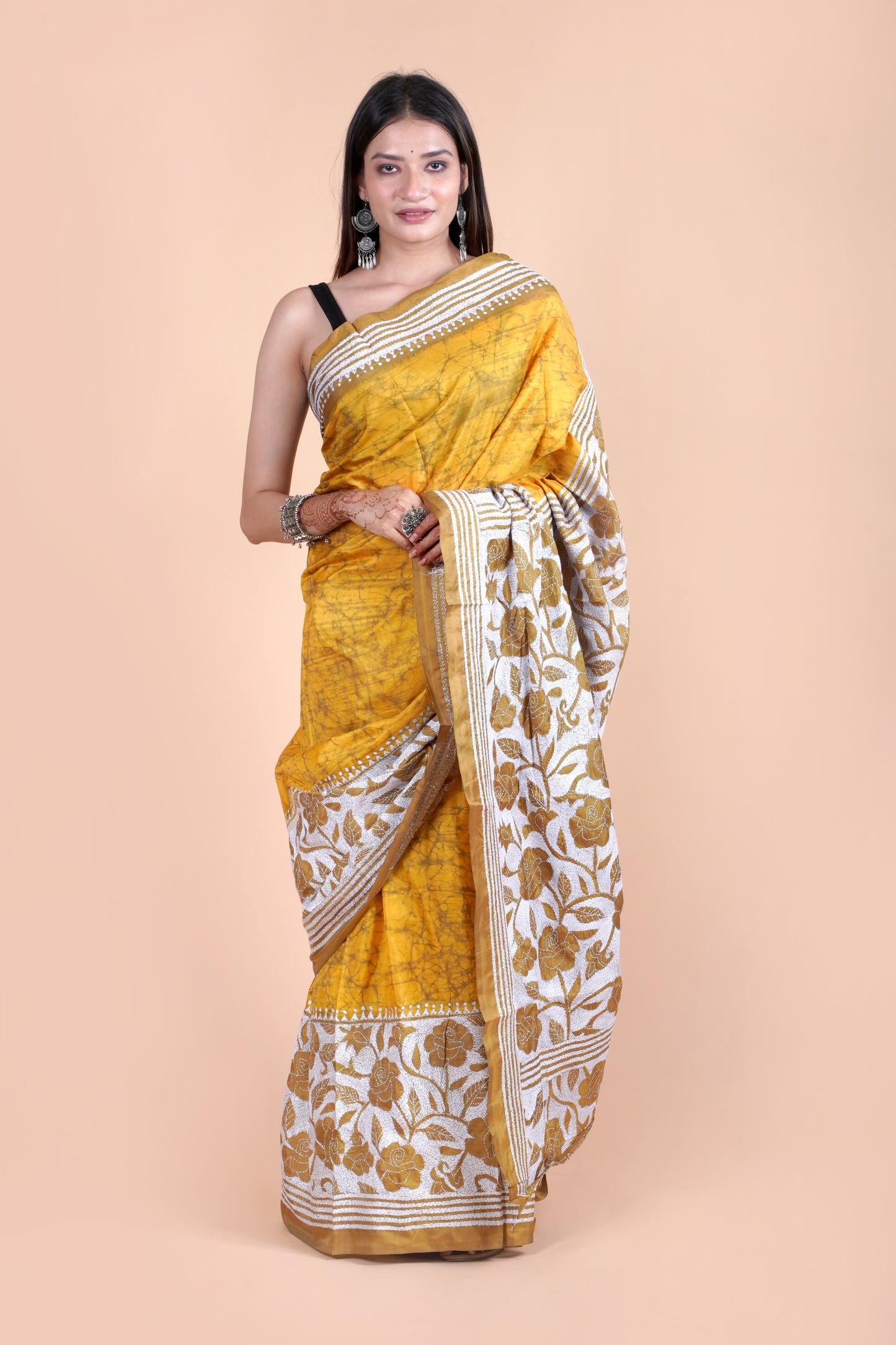 Reverse Kantha Hand Embroidered Hand Batik Art Silk Saree With Blouse