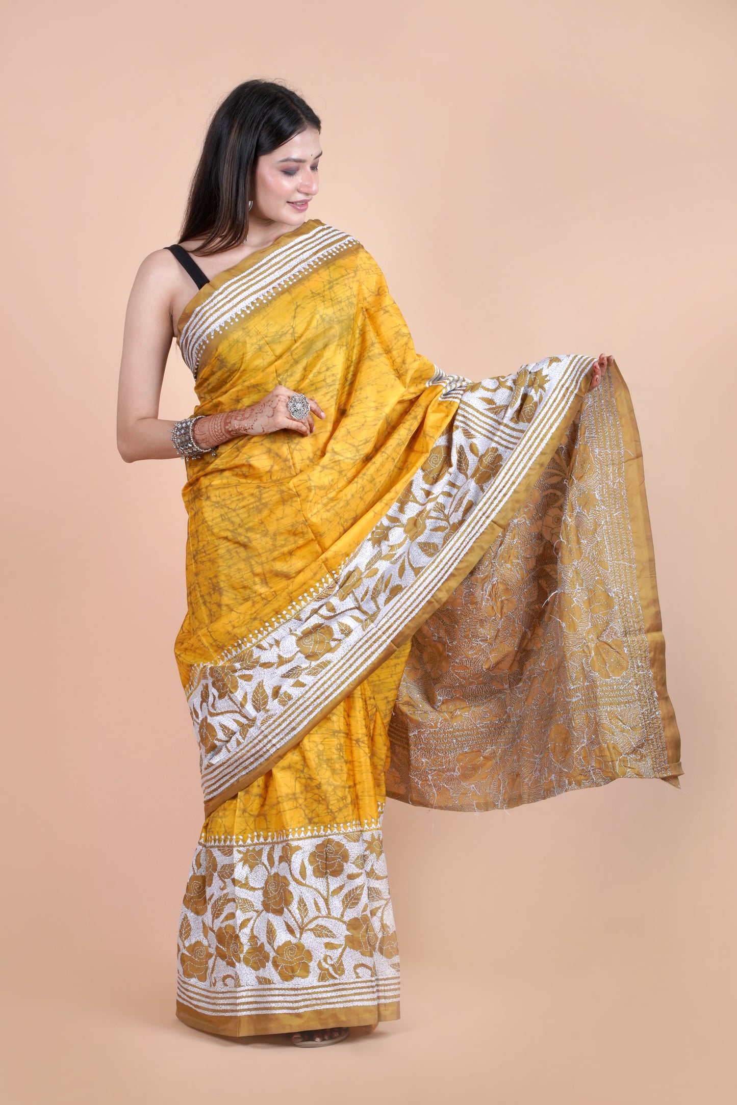 Reverse Kantha Hand Embroidered Hand Batik Art Silk Saree With Blouse