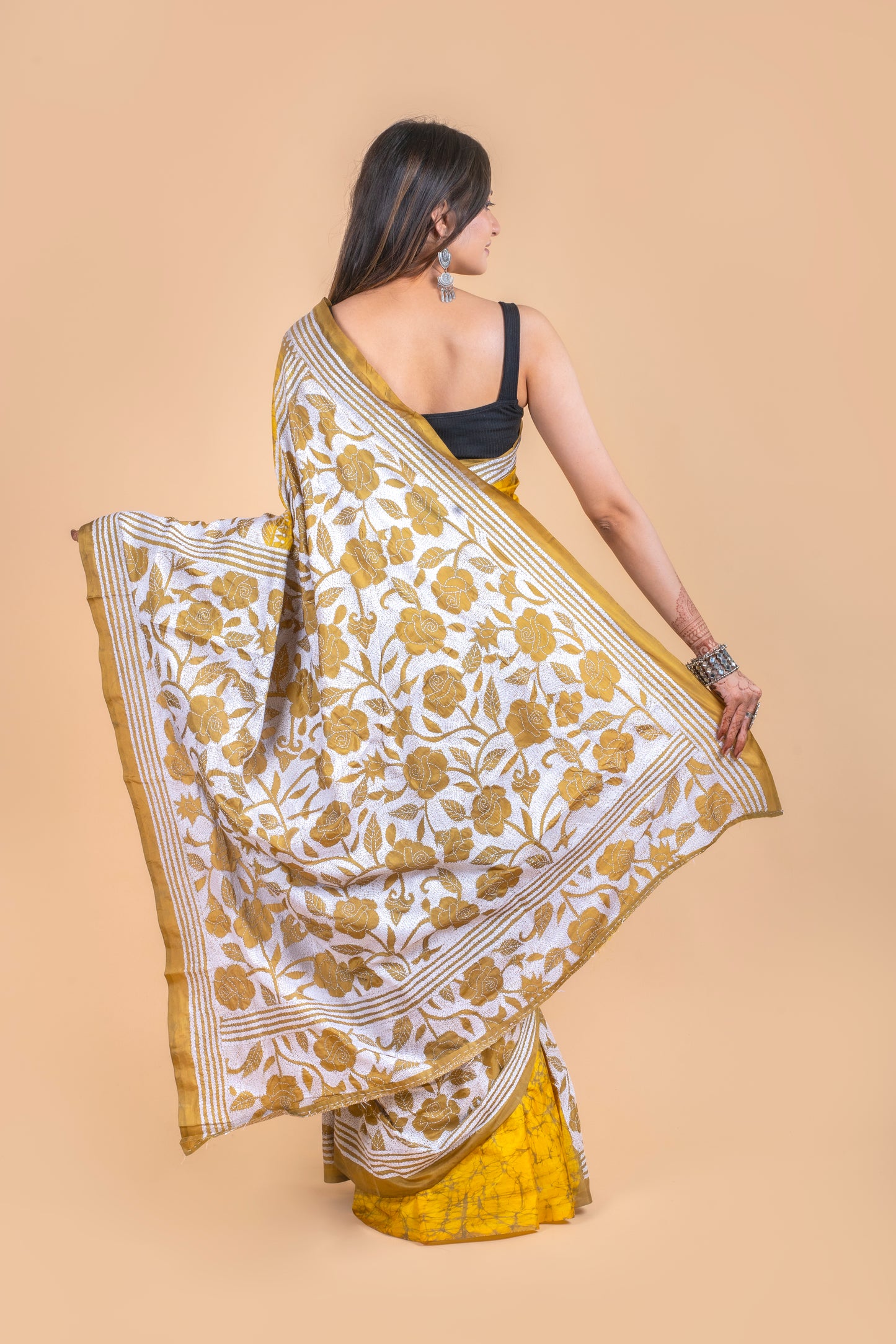 Reverse Kantha Hand Embroidered Hand Batik Art Silk Saree With Blouse