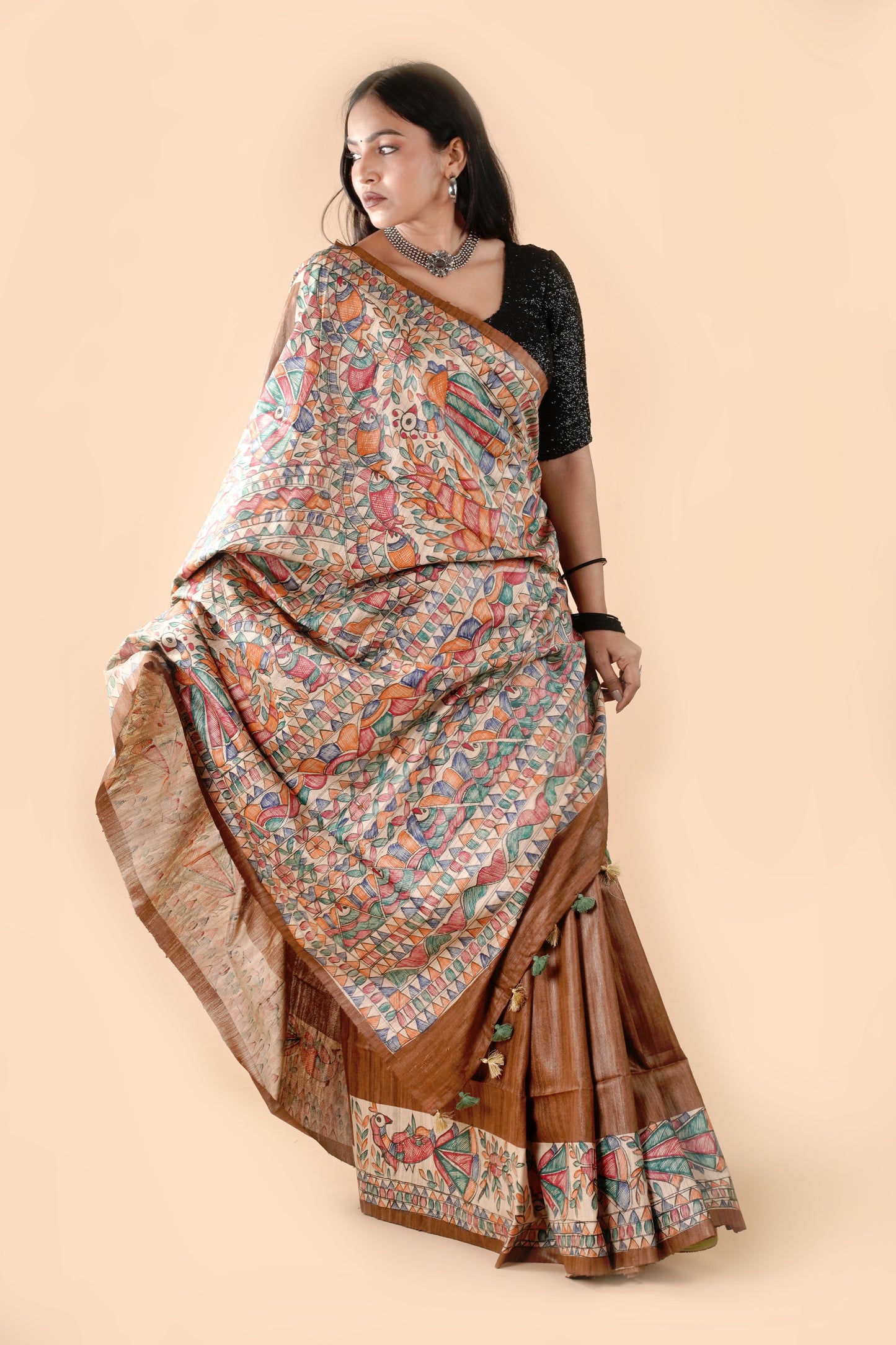 Brown Pure Tussar Ghicha Silk Handcrafted Madhubani Saree