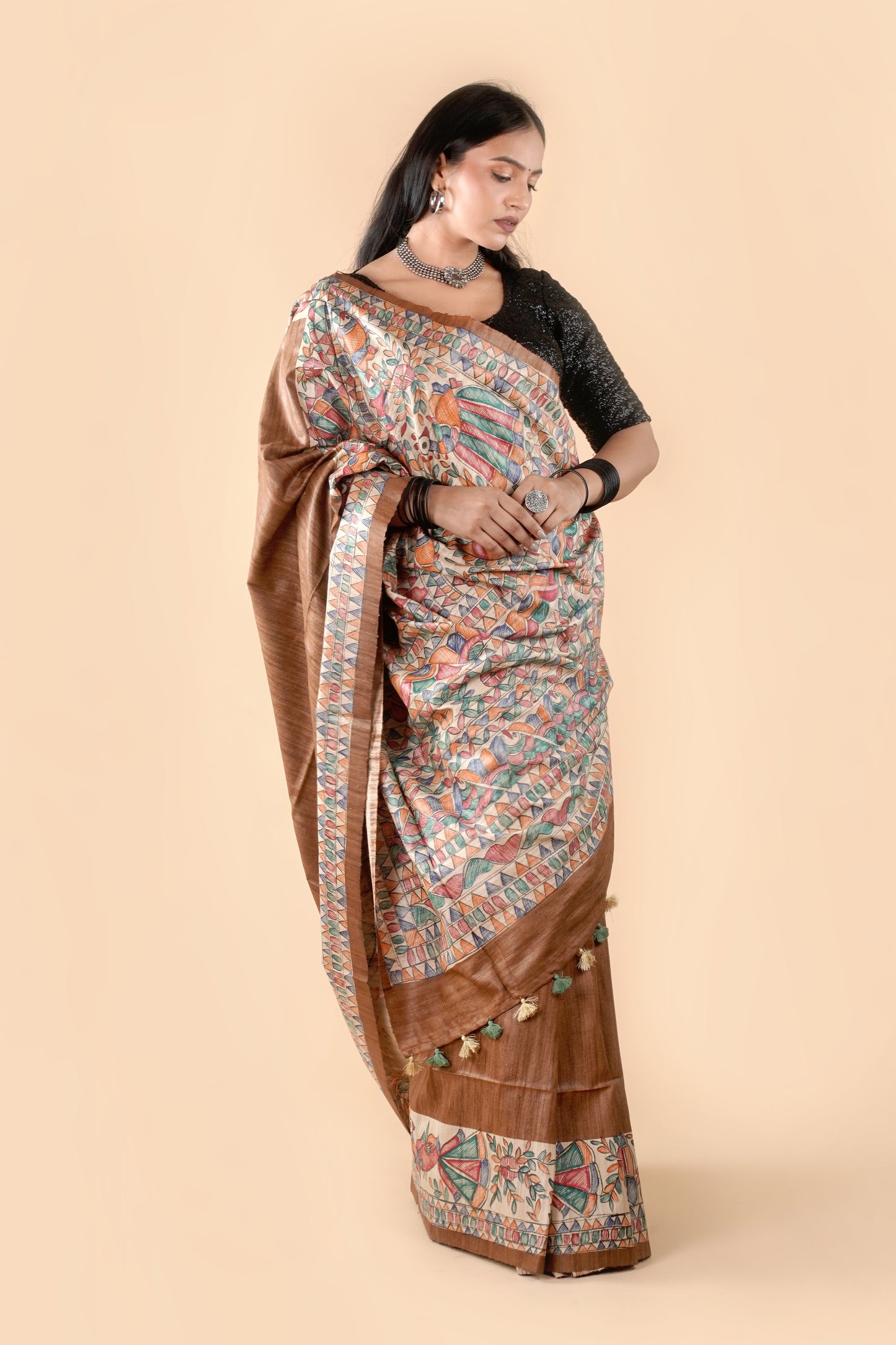 Brown Pure Tussar Ghicha Silk Handcrafted Madhubani Saree