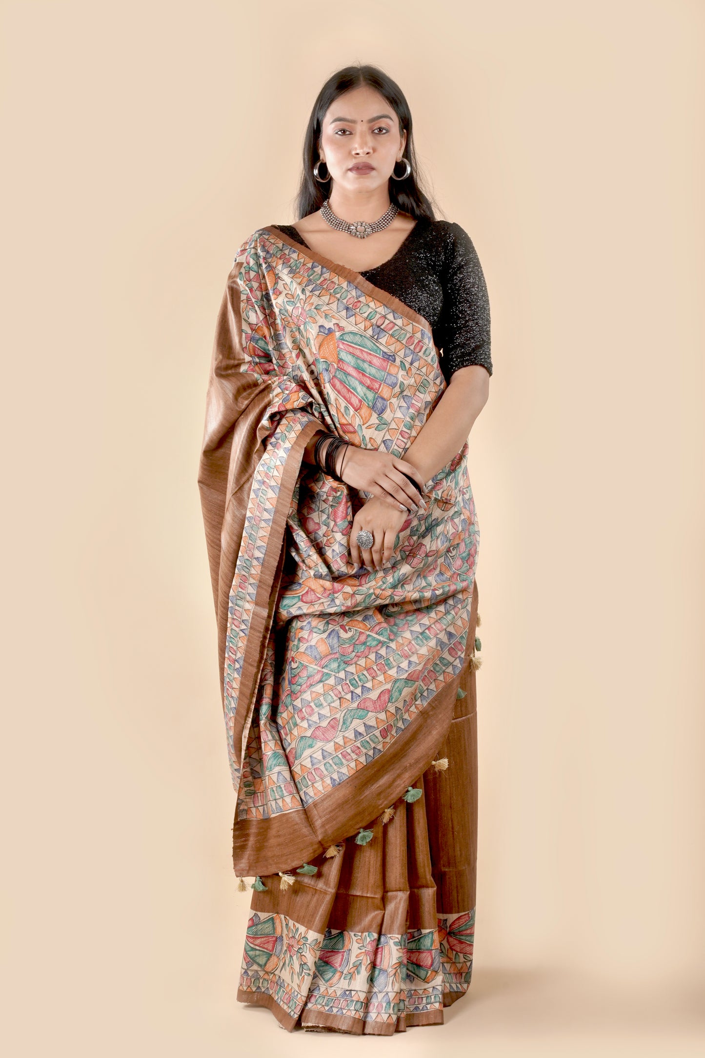 Brown Pure Tussar Ghicha Silk Handcrafted Madhubani Saree