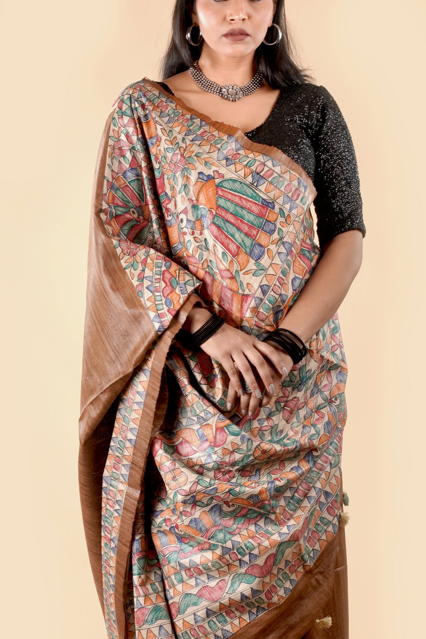 Brown Pure Tussar Ghicha Silk Handcrafted Madhubani Saree