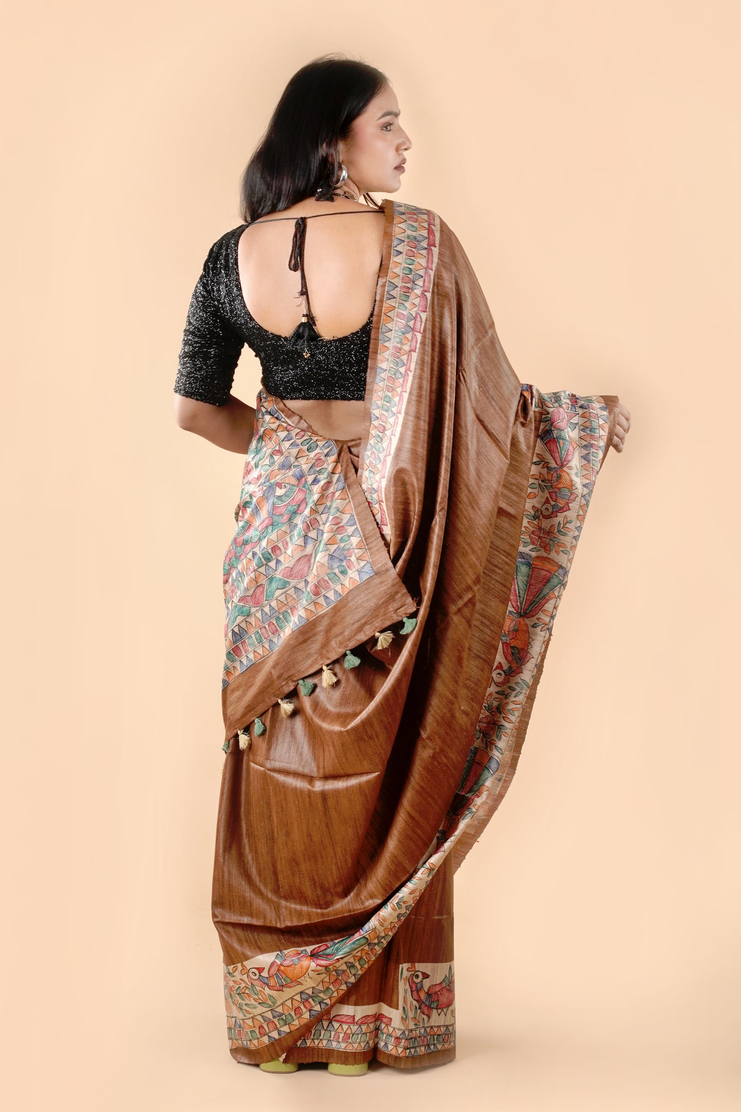 Brown Pure Tussar Ghicha Silk Handcrafted Madhubani Saree