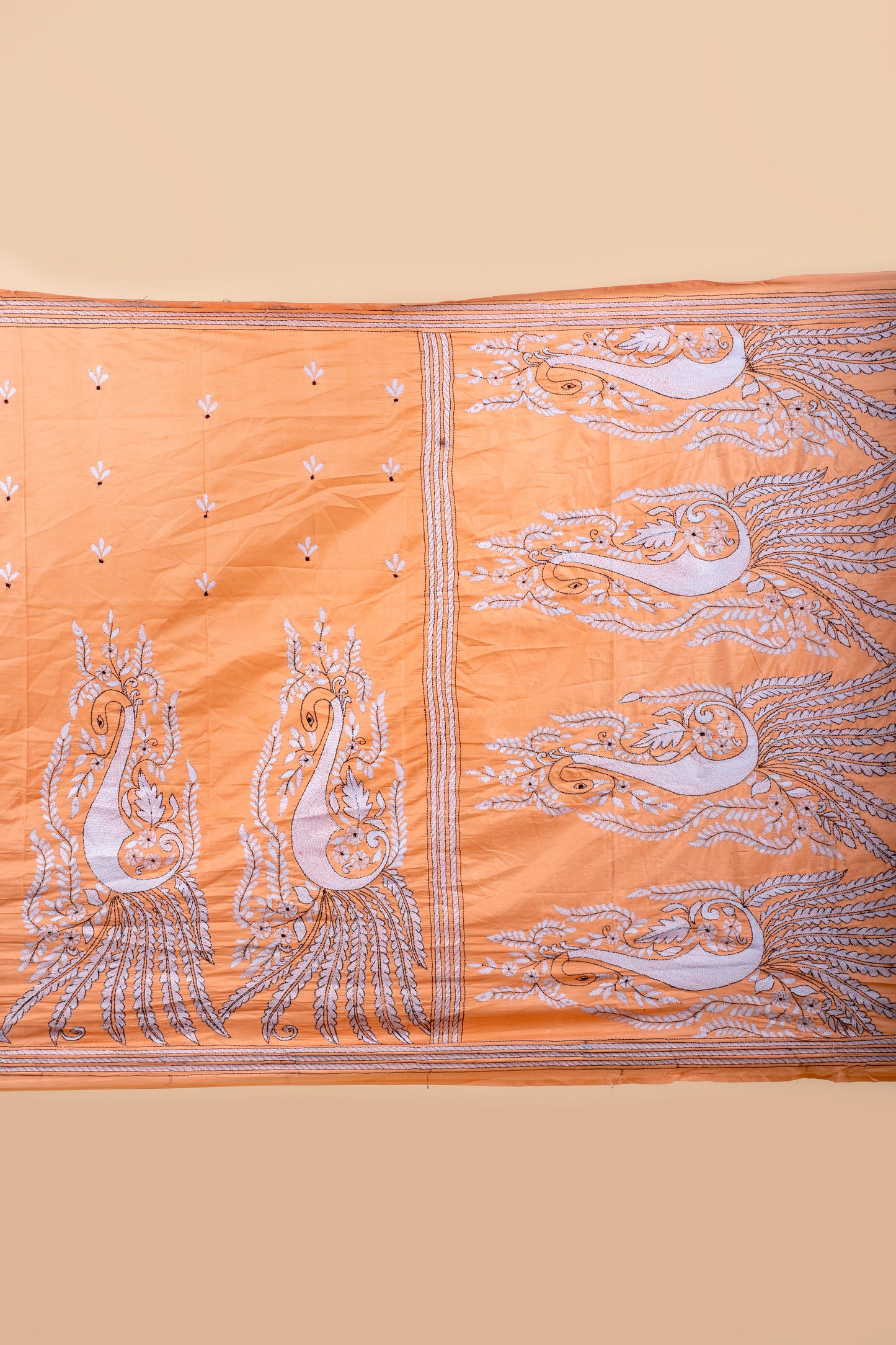 Peach Kantha Hand Embroidered Blended Banglore Silk/Art Silk Saree With Blouse