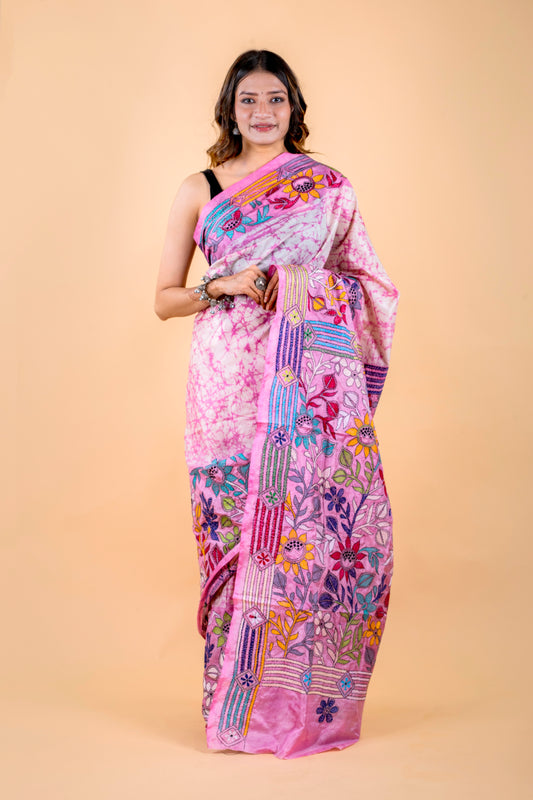 Kantha Hand Embroidered Hand Batik Art Silk Saree With Blouse