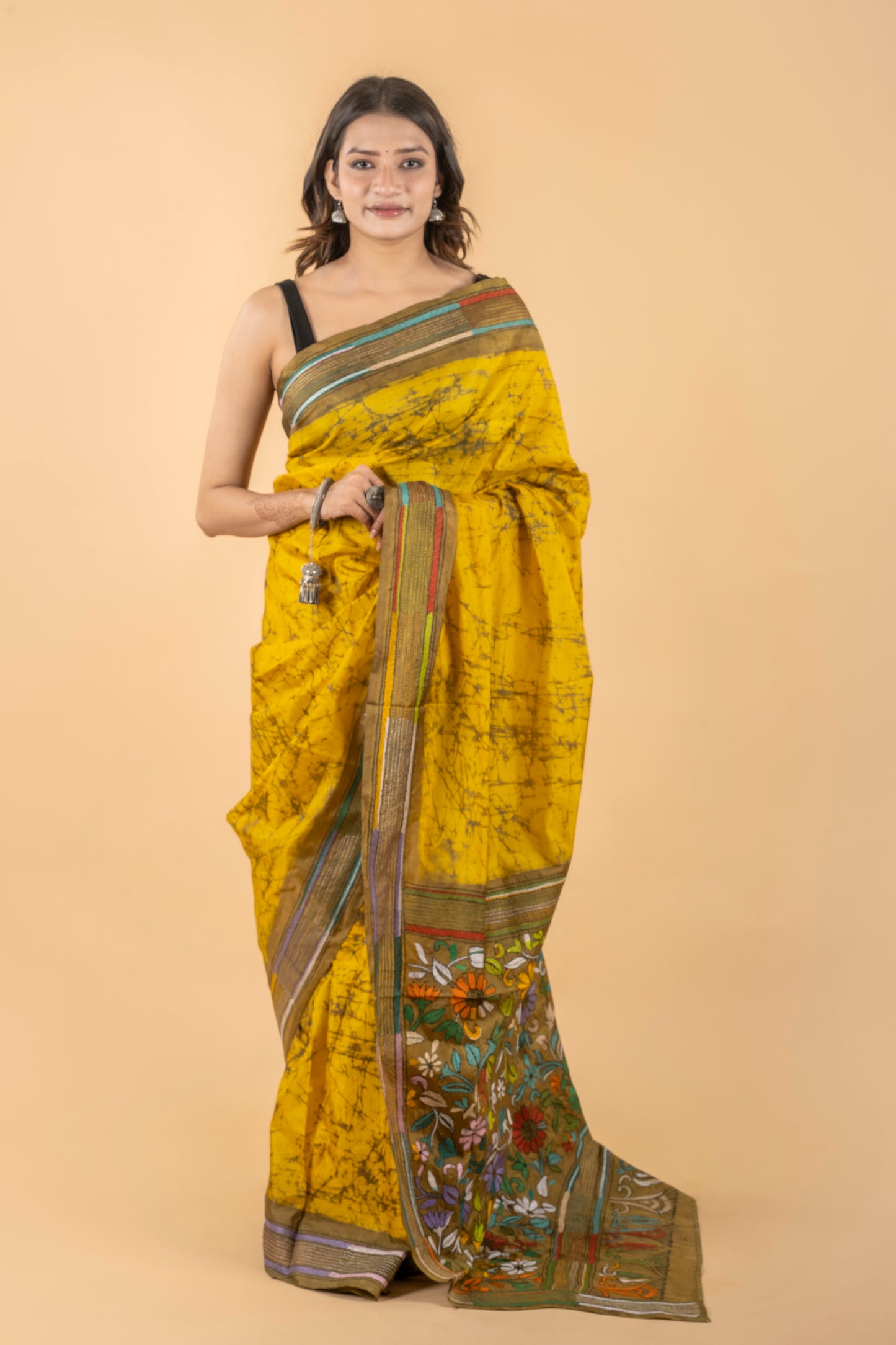 Yellow Kantha Hand Embroidered Hand Batik Art Silk Saree With Blouse