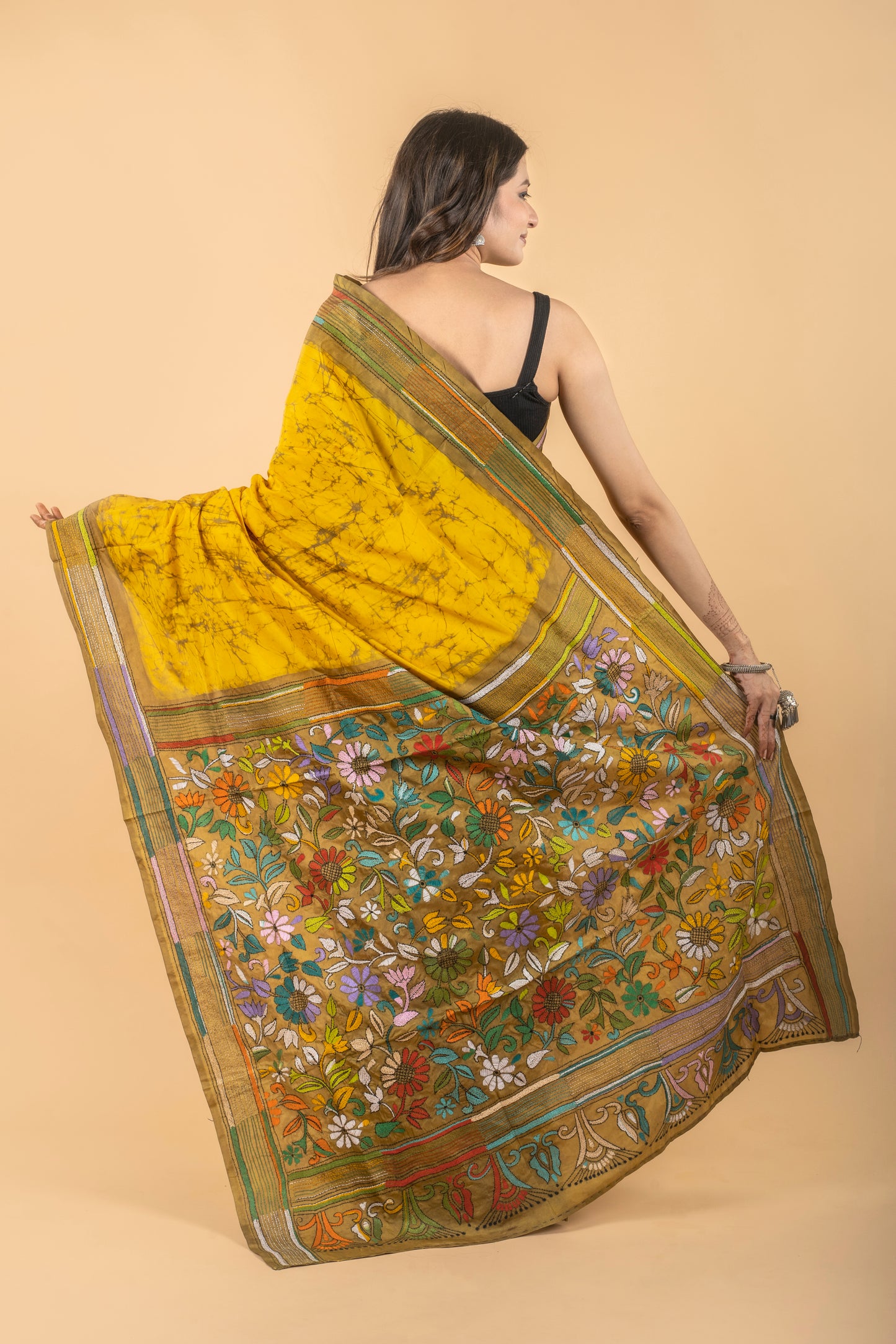 Yellow Kantha Hand Embroidered Hand Batik Art Silk Saree With Blouse