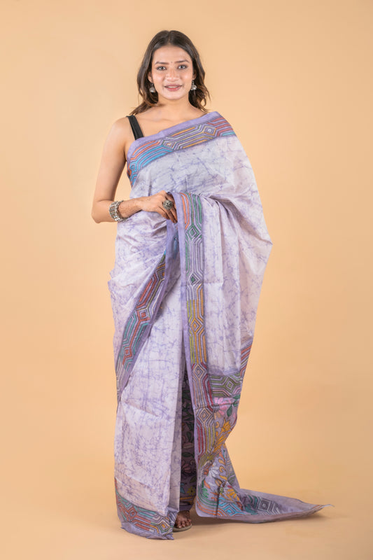 Kantha Hand Embroidered Hand Batik Art Silk Saree With Blouse