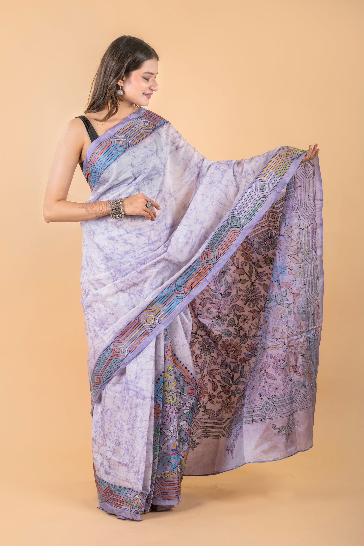 Kantha Hand Embroidered Hand Batik Art Silk Saree With Blouse