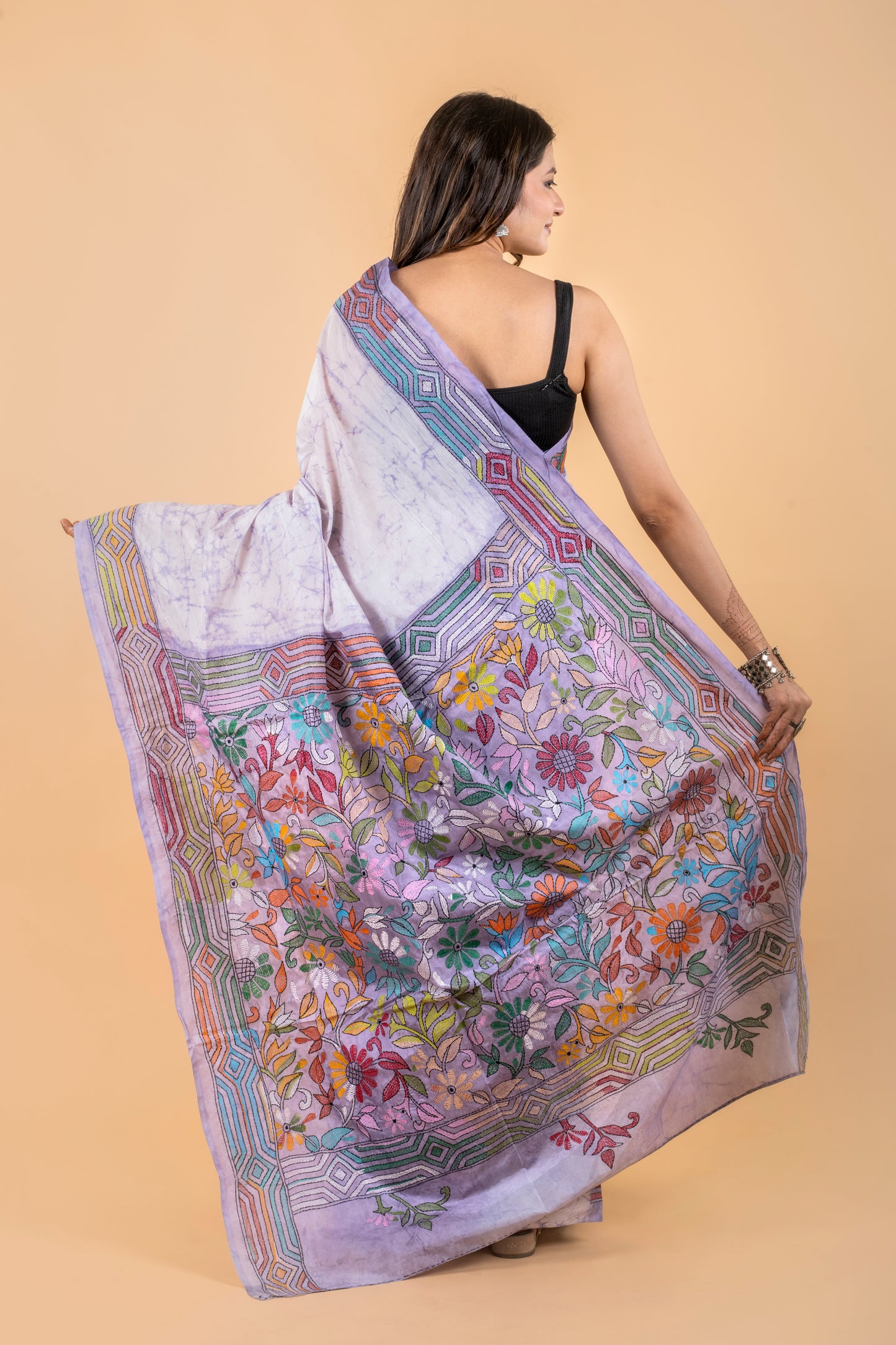 Kantha Hand Embroidered Hand Batik Art Silk Saree With Blouse