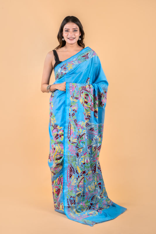 Kantha Hand Embroidered Art Silk Saree With Blouse - Sky Blue