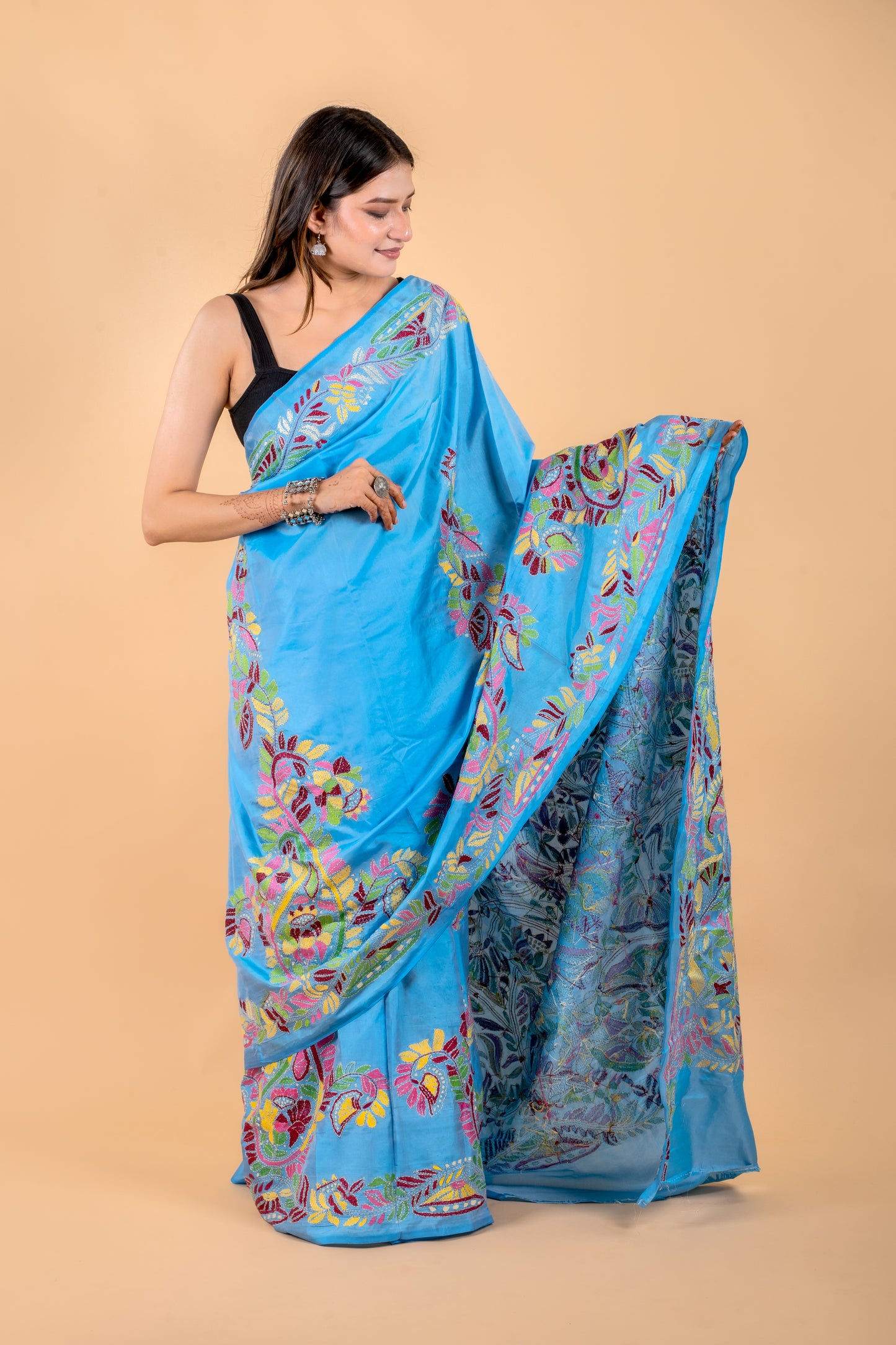 Kantha Hand Embroidered Art Silk Saree With Blouse - Sky Blue