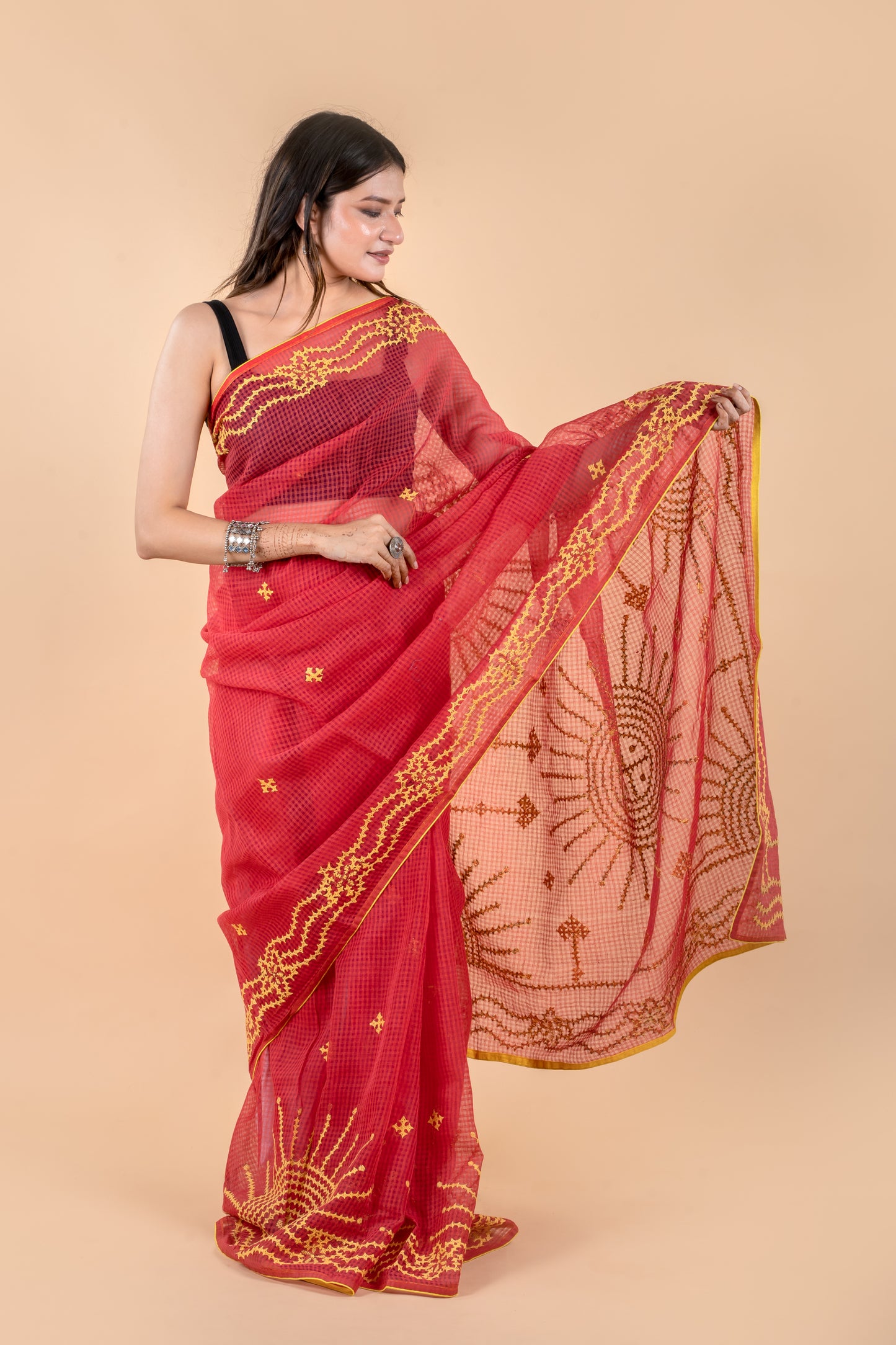 Red Gujrati Stitch/Kutchi Hand Embroidered Resham Kota Saree