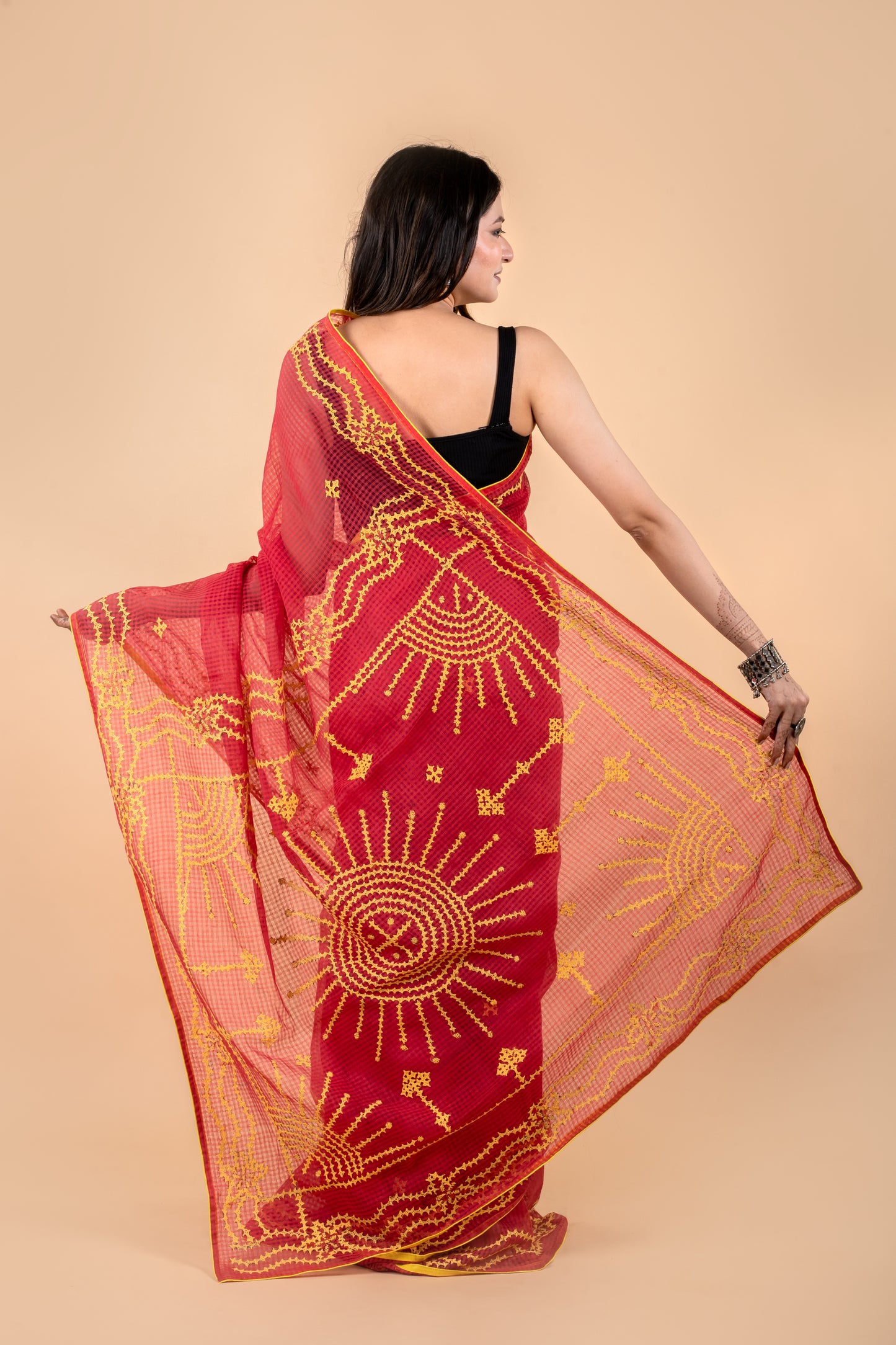 Red Gujrati Stitch/Kutchi Hand Embroidered Resham Kota Saree