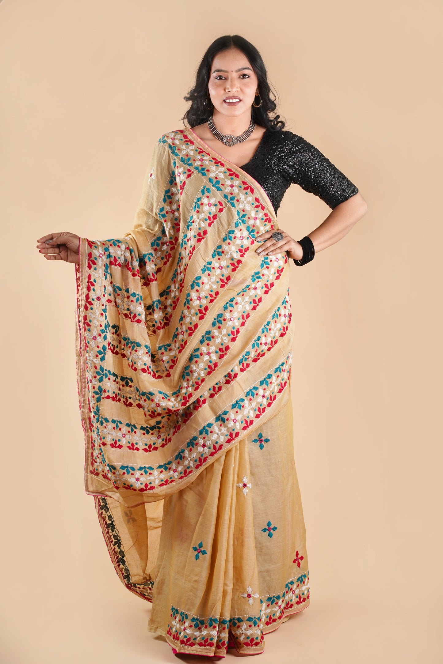 Beige Semi Tusshar Silk Hand Embroidered Lambani Work Saree