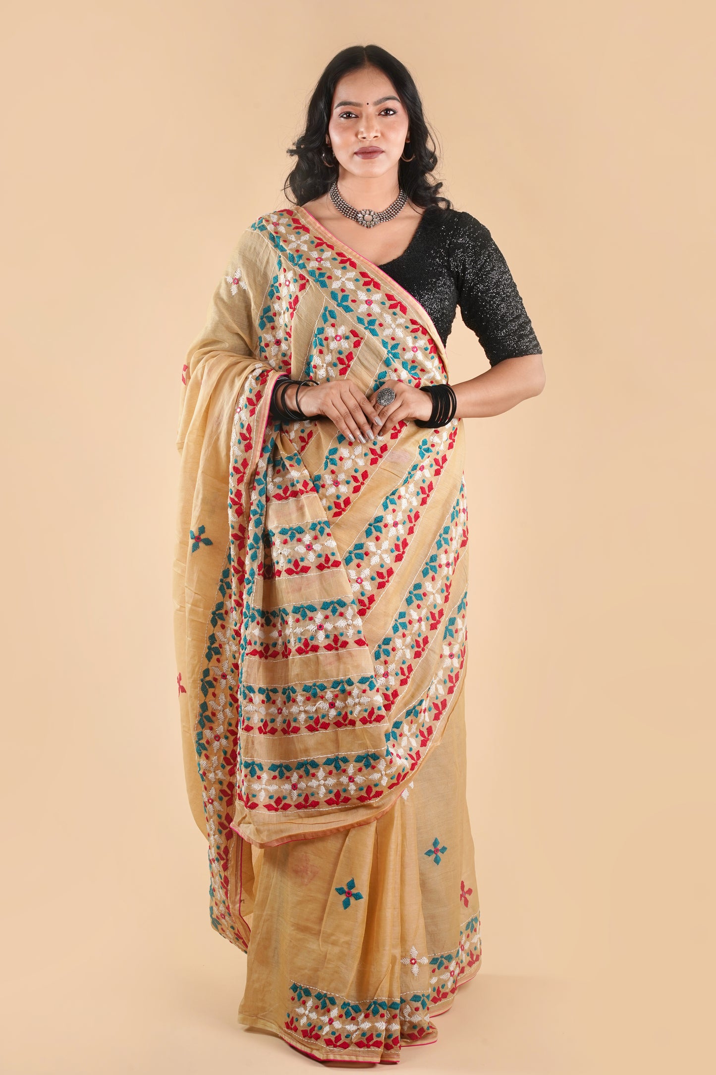 Beige Semi Tusshar Silk Hand Embroidered Lambani Work Saree