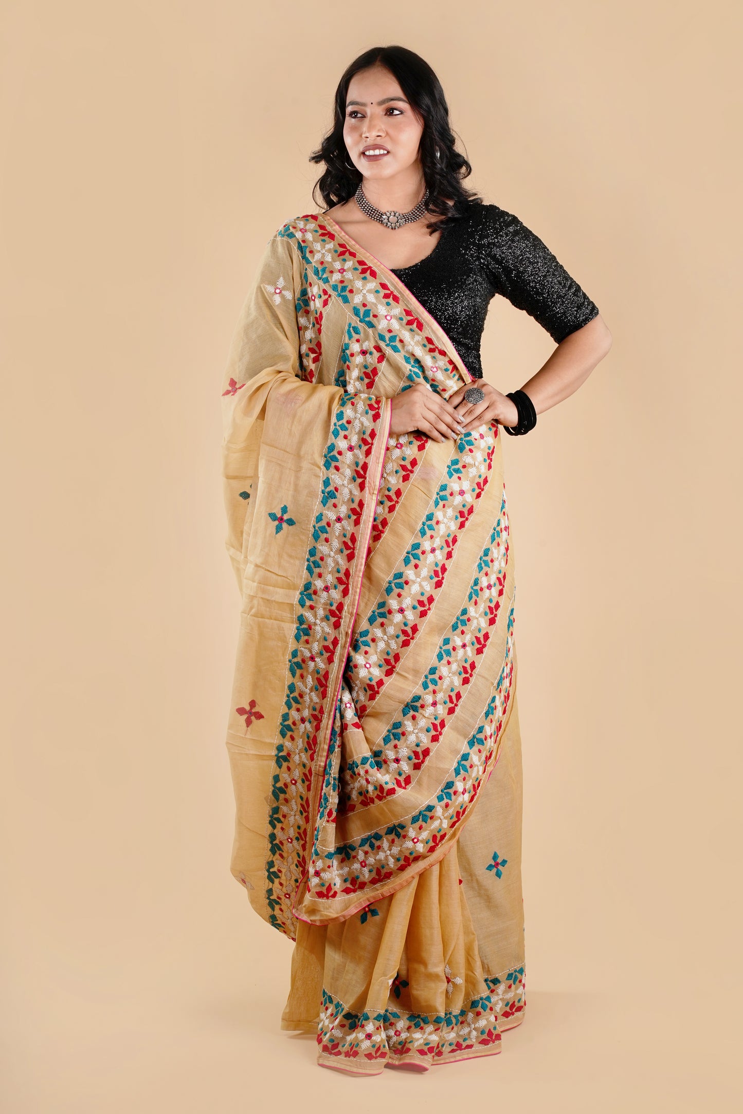 Beige Semi Tusshar Silk Hand Embroidered Lambani Work Saree