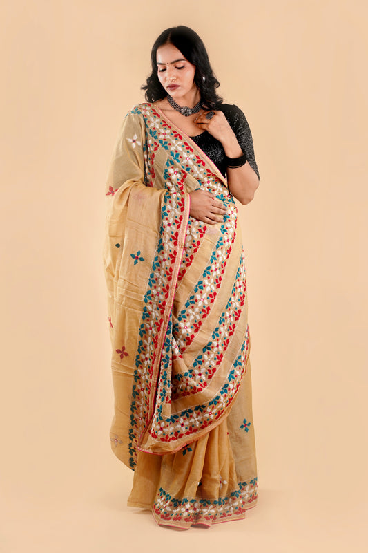 Beige Semi Tusshar Silk Hand Embroidered Lambani Work Saree