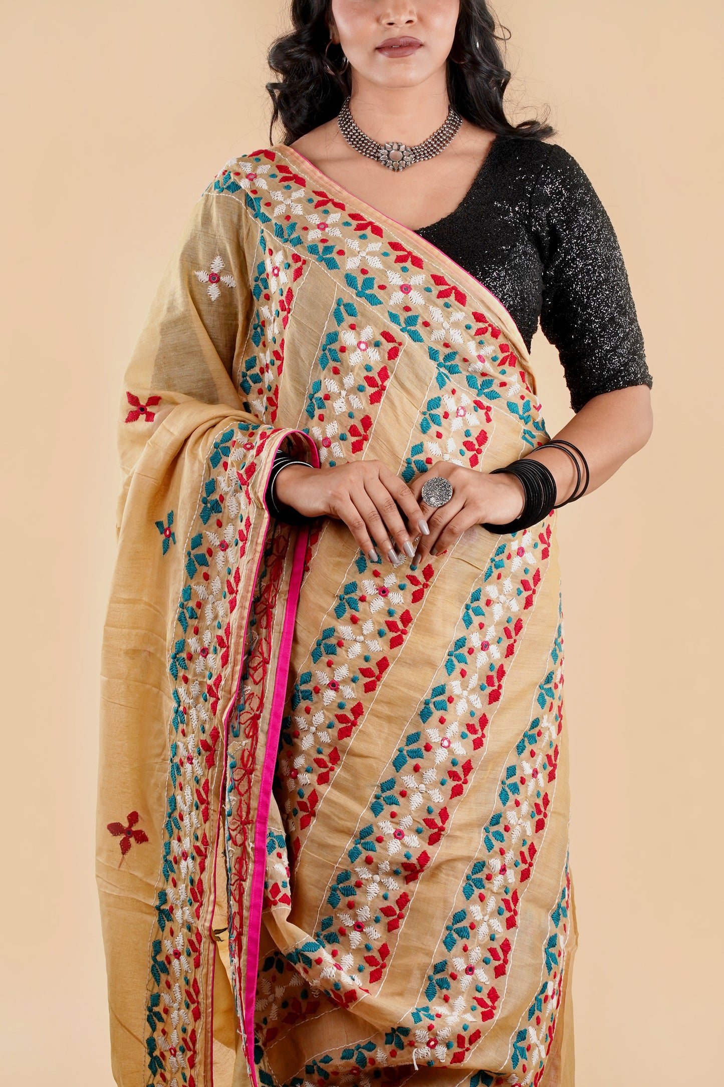 Beige Semi Tusshar Silk Hand Embroidered Lambani Work Saree