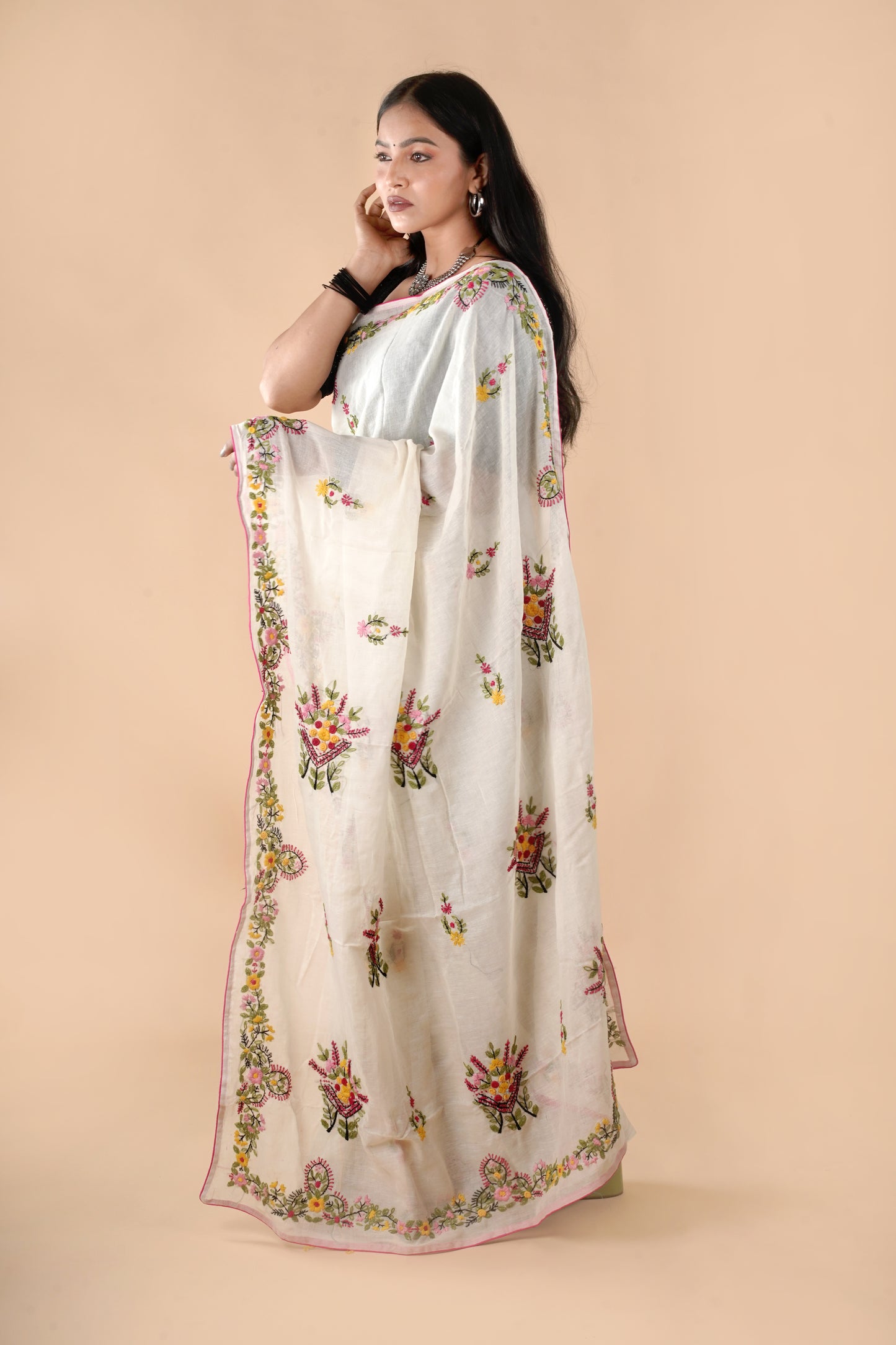 Off White Semi Tusshar Silk Hand Embroidered Lambani Work Saree